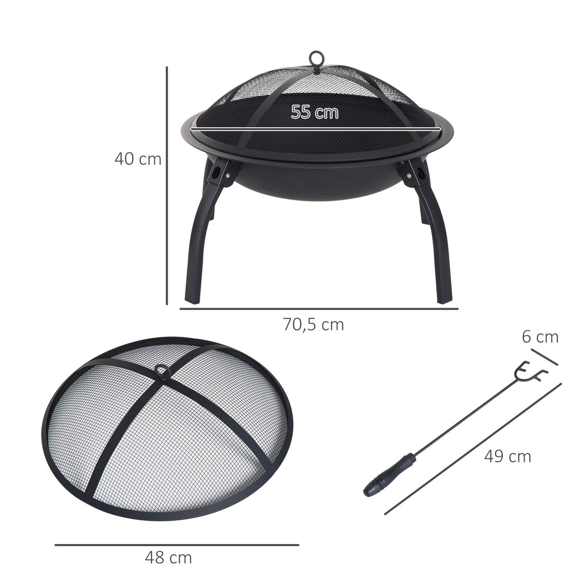 Fire Bowl Fire Basket, Fire Pit With Spark Protection, Foldable, Garden, Black, 55Cm, 70.5X70.5X40Cm