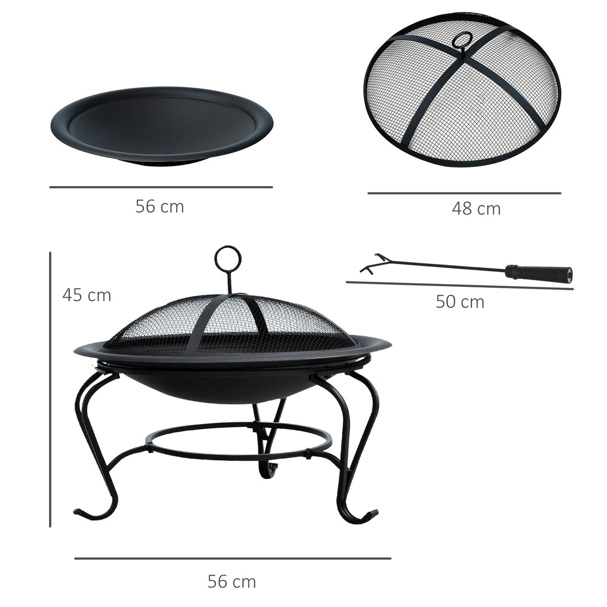 Fire Bowl Fire Pit & Fire Basket For Wood, Charcoal With Spark Guard, Garden, Black, 70.5X70.5X40Cm
