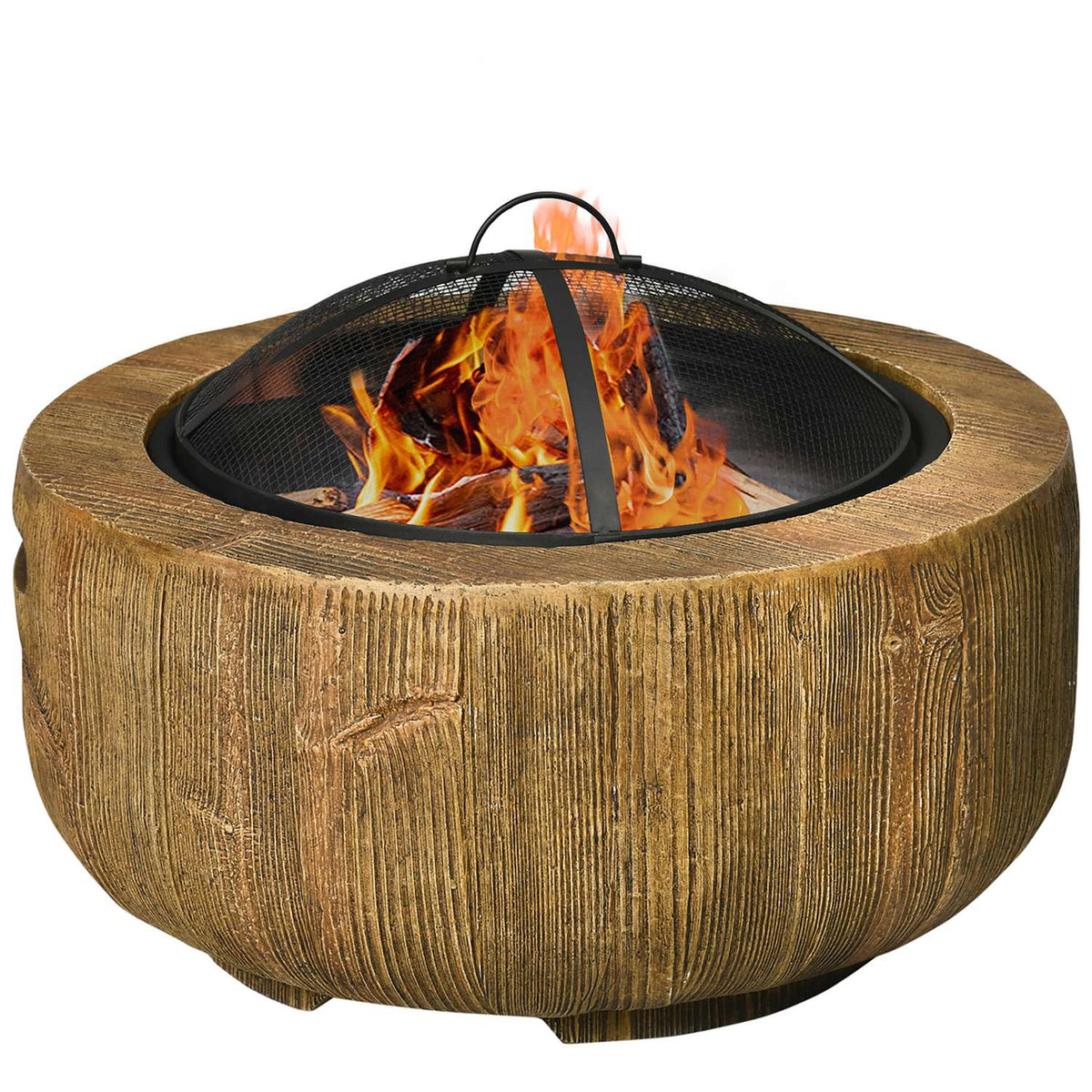 Fire Bowl Fire Pit With Lid Fire Basket With Poker Tree Stump Garden Camping Patio Steel Mgo Brown
