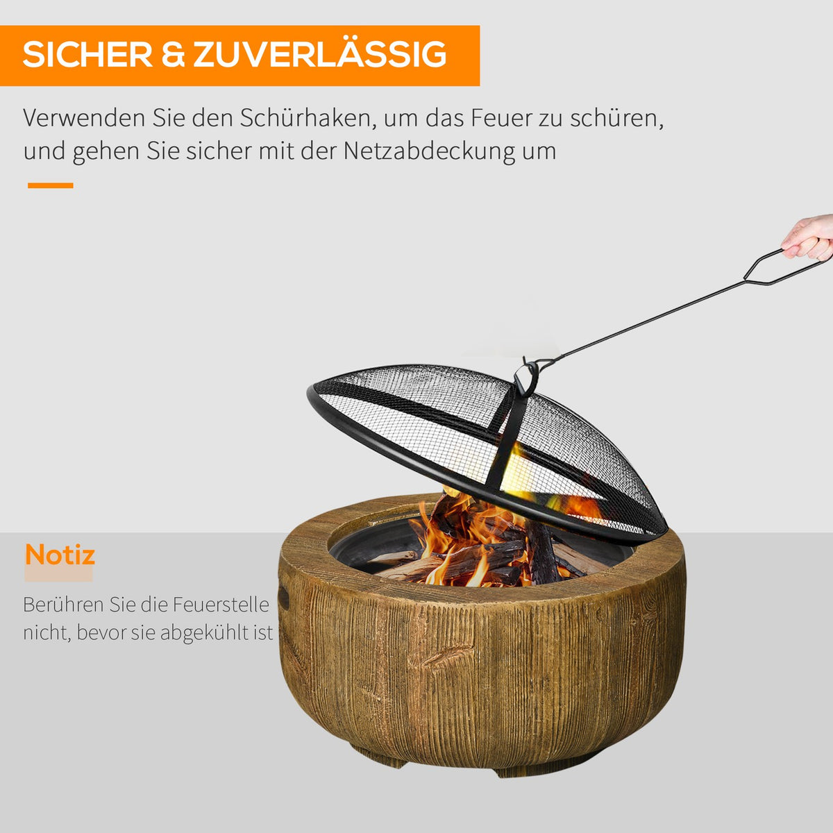 Fire Bowl Fire Pit With Lid Fire Basket With Poker Tree Stump Garden Camping Patio Steel Mgo Brown