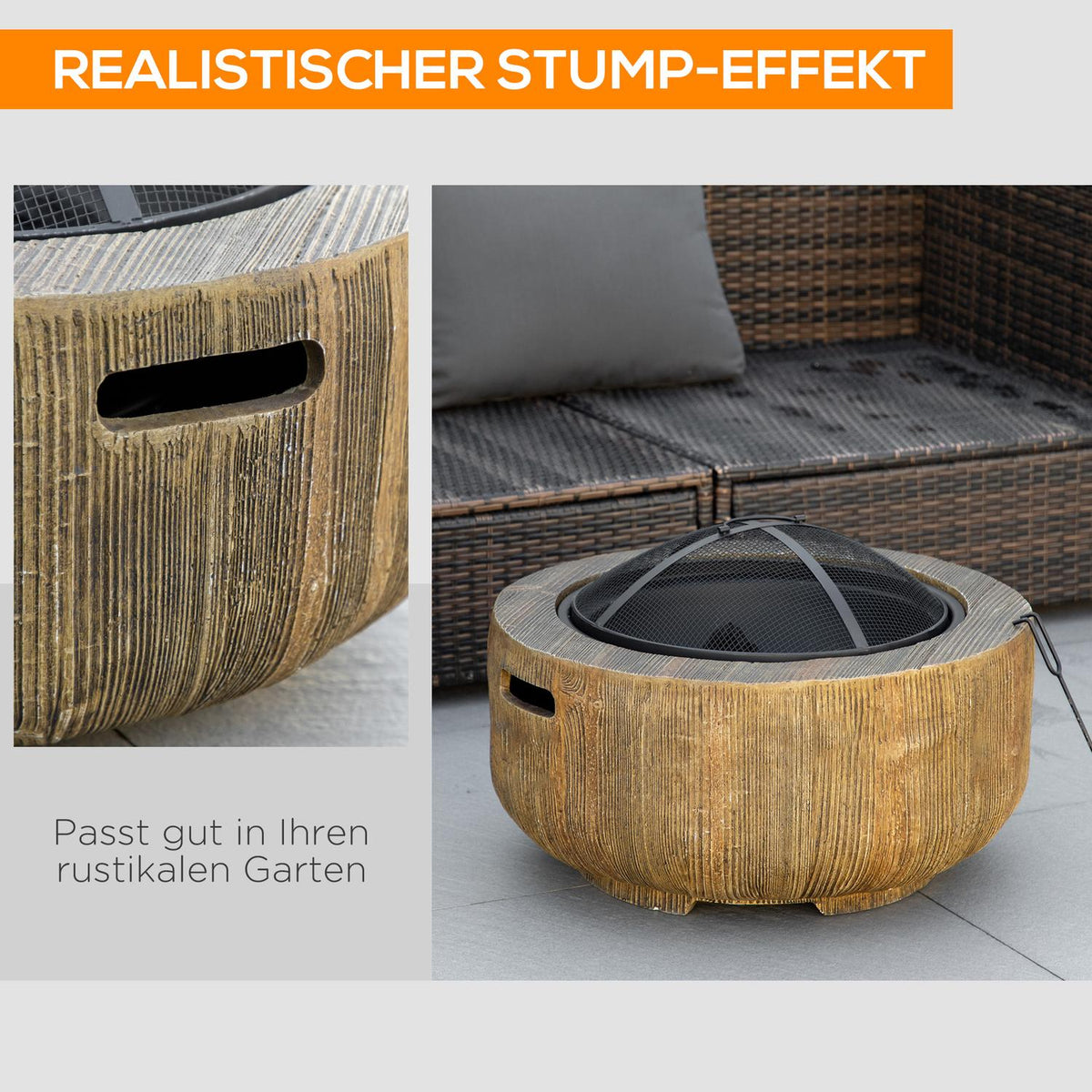 Fire Bowl Fire Pit With Lid Fire Basket With Poker Tree Stump Garden Camping Patio Steel Mgo Brown
