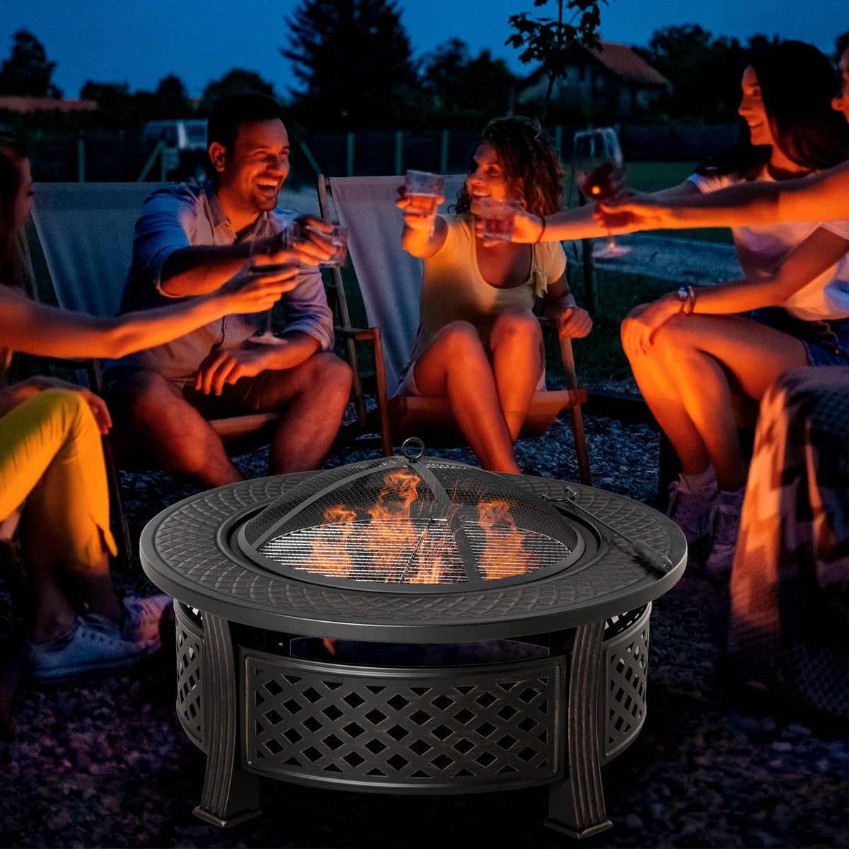 Fire Bowl Poker Spark Guard Fire Basket Fire Table Round Fire Pit Garden Camping Bbq Steel Black 81X81X50Cm
