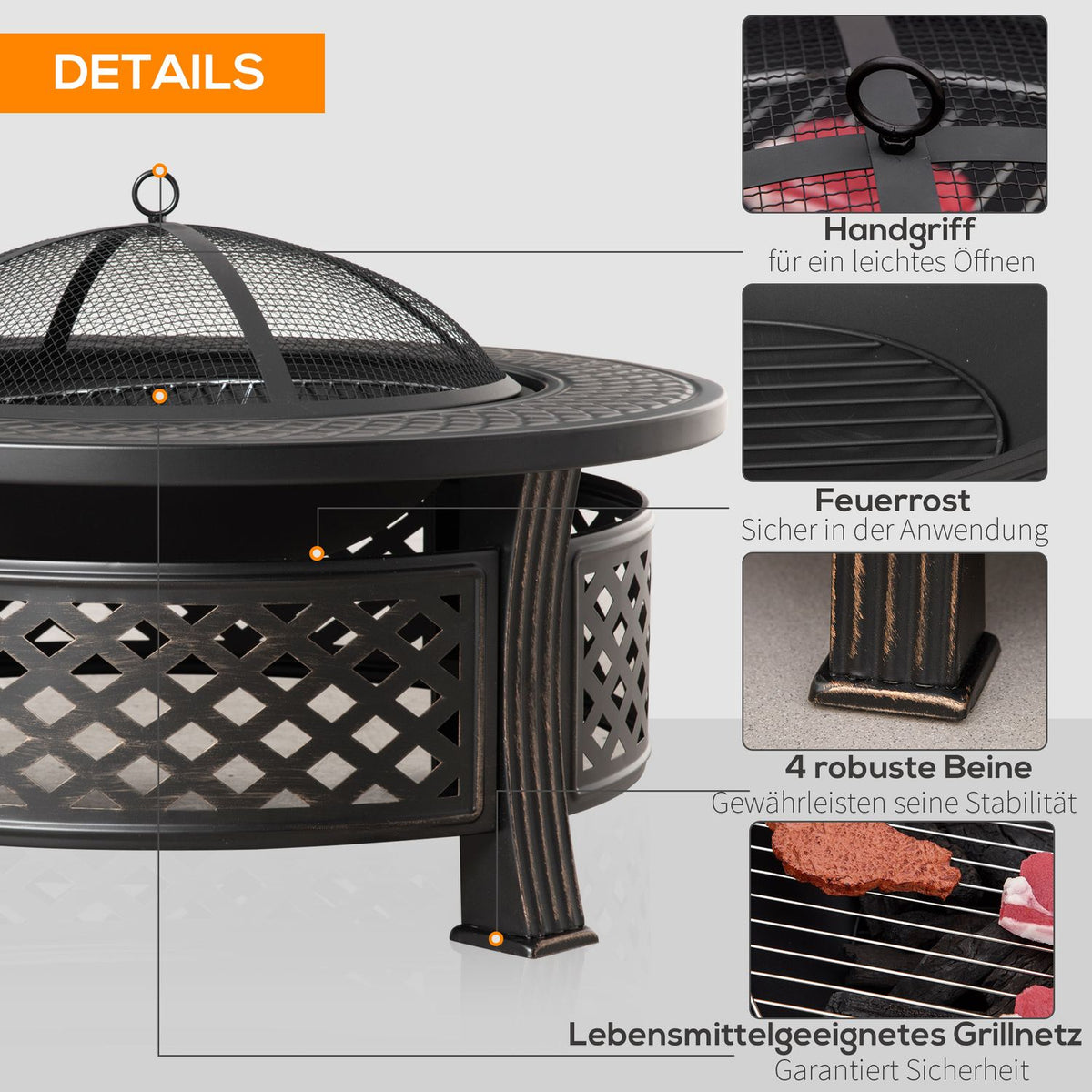 Fire Bowl Poker Spark Guard Fire Basket Fire Table Round Fire Pit Garden Camping Bbq Steel Black 81X81X50Cm