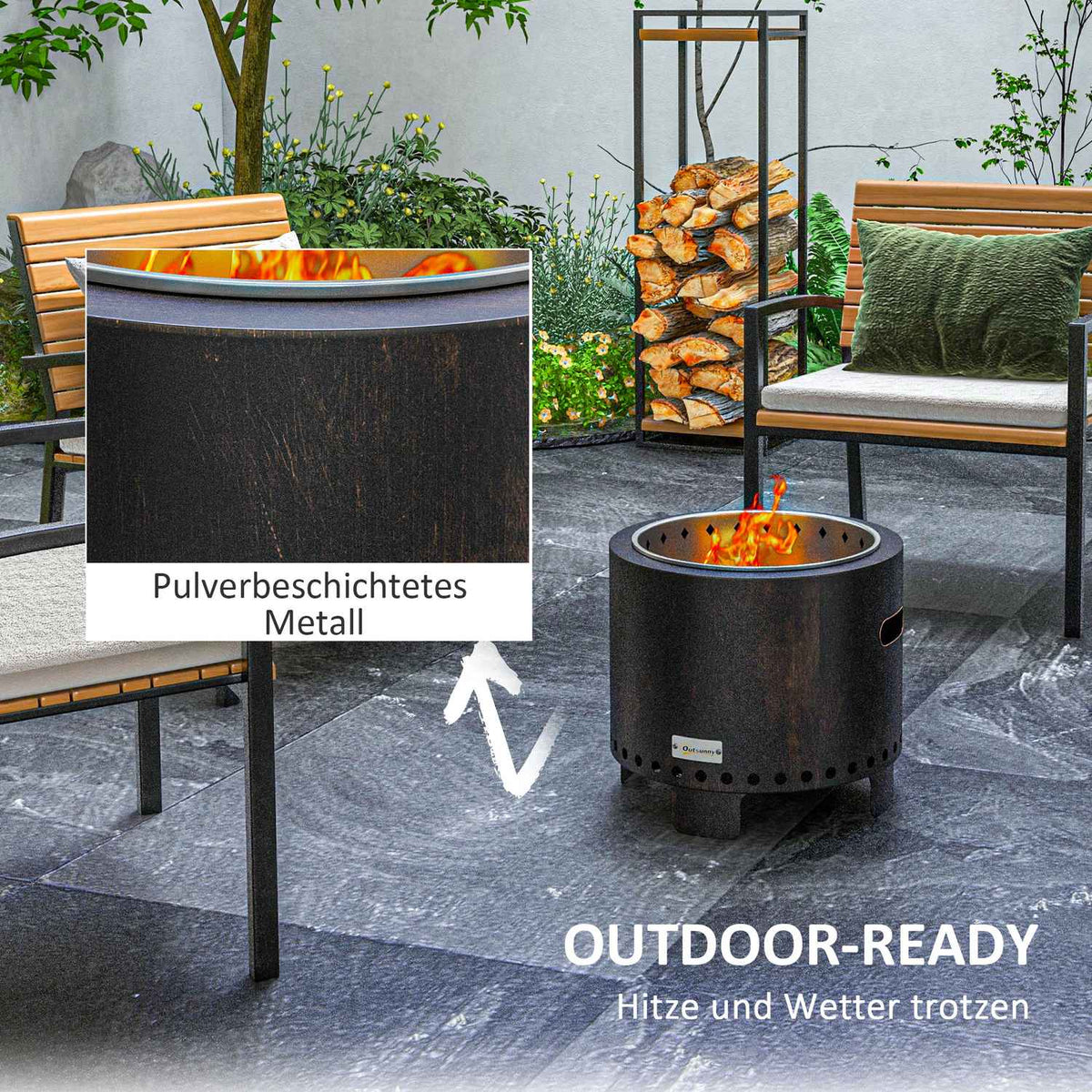 Fire Bowl Smokeless Table Fire Pit Ø45 Cm With Handle & Poker, Ideal For Garden & Camping, Metal, Black