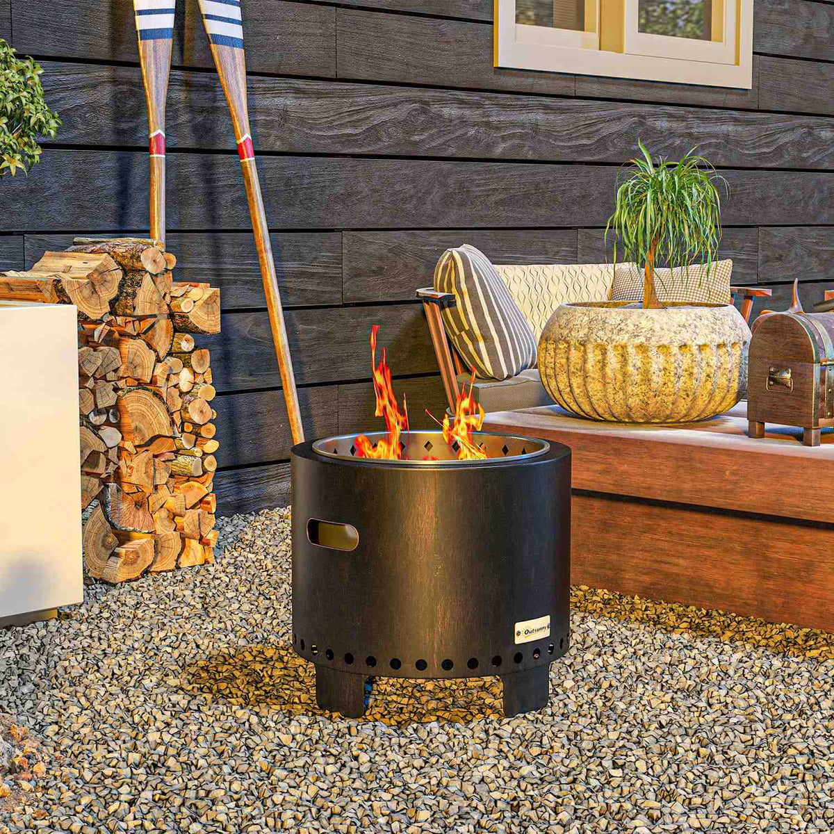 Fire Bowl Smokeless Table Fire Pit Ø45 Cm With Handle & Poker, Ideal For Garden & Camping, Metal, Black