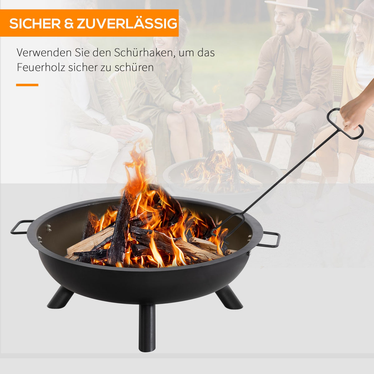 Fire Bowl With Poker, Round Fire Basket, Fire Pit For Garden, Camping, Bbq, Steel, Black, 79X69X25.5Cm