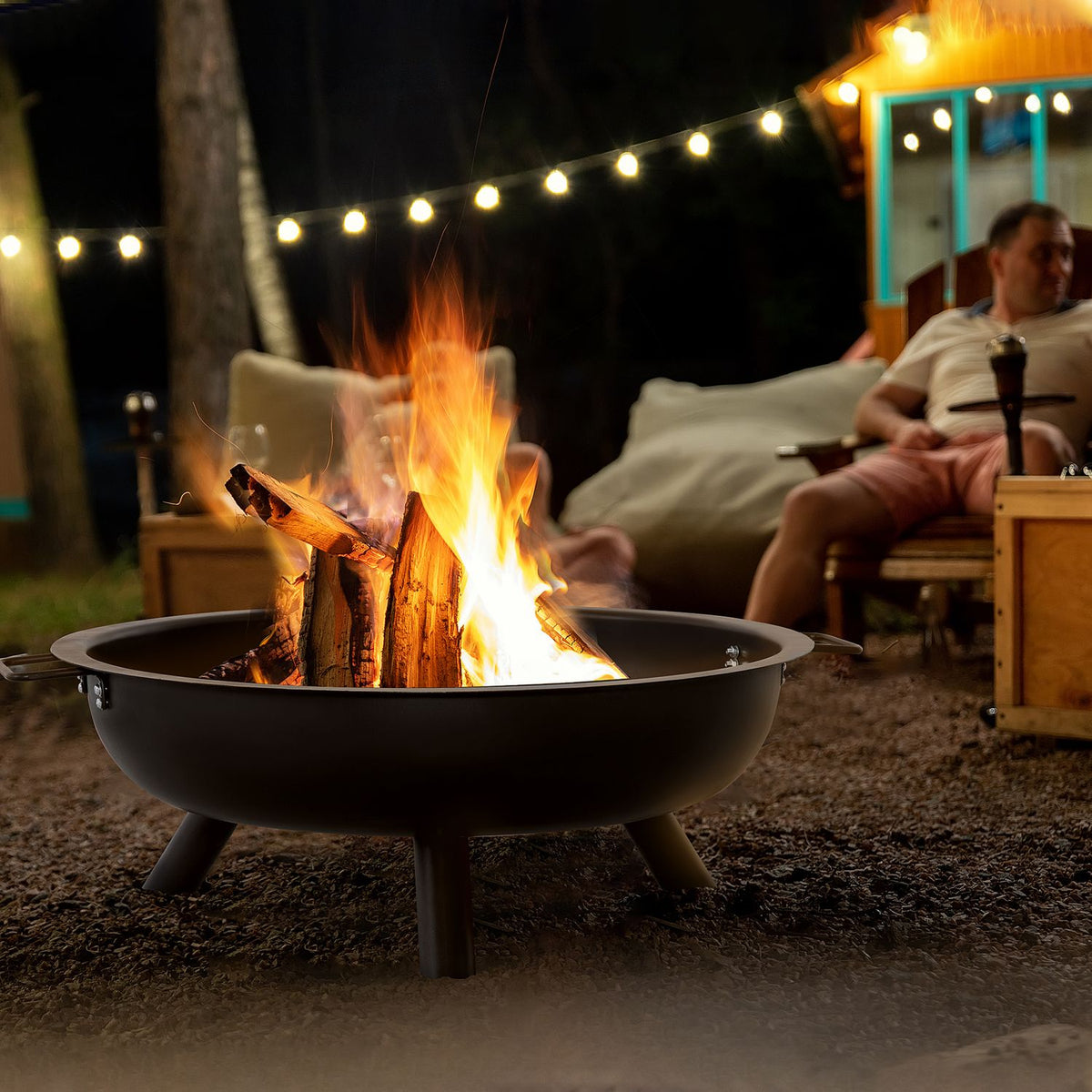 Fire Bowl With Poker, Round Fire Basket, Fire Pit For Garden, Camping, Bbq, Steel, Black, 79X69X25.5Cm