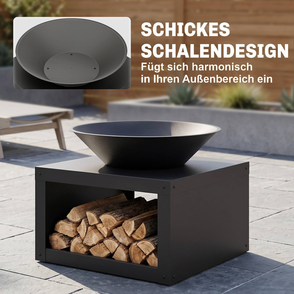 Fire Pit with Wood Storage, Metal, Black, Ø59 cm
