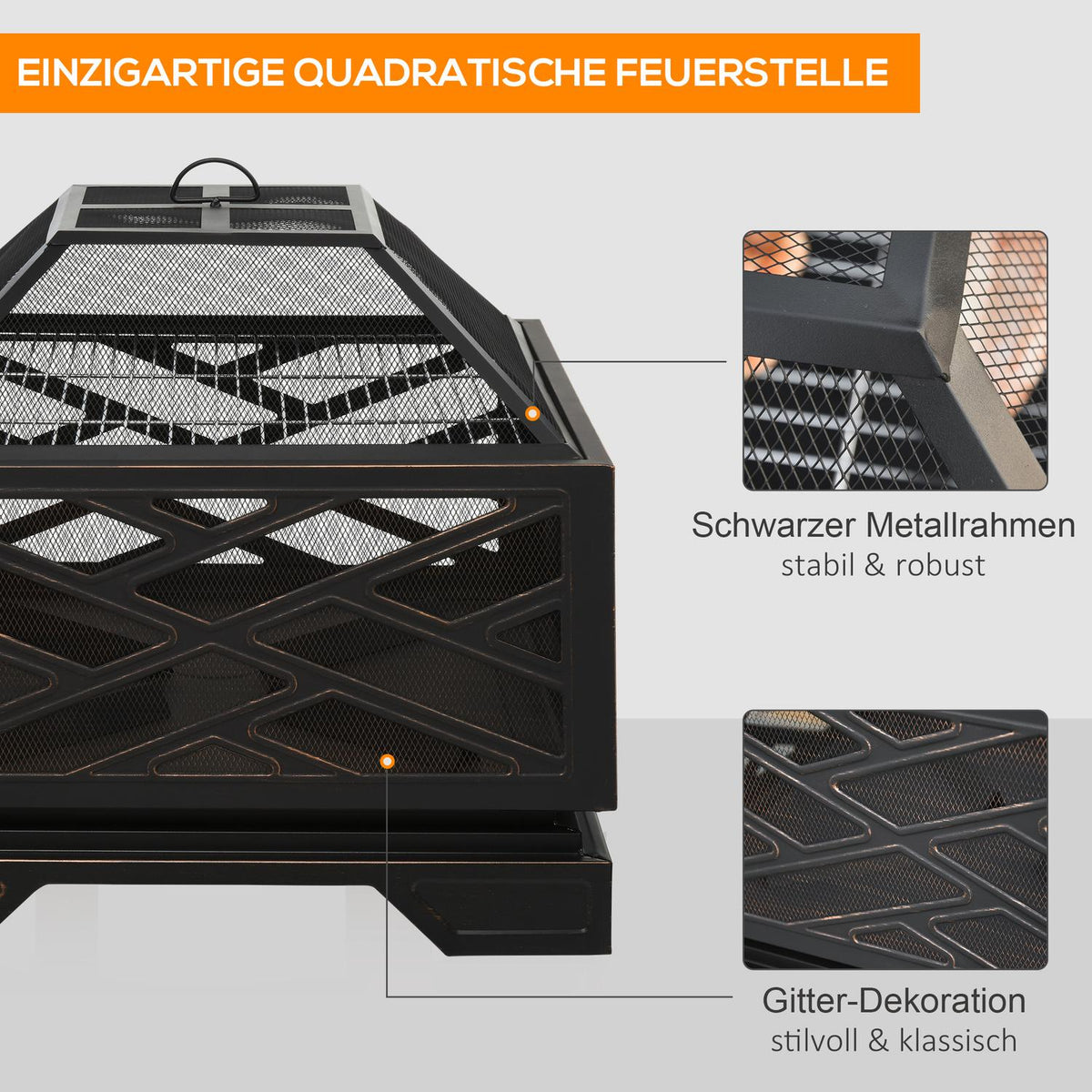 Fire bowl with spark protection, fire basket with grill grate & poker, 2-in-1 BBQ grill, metal, black, 66x66x66cm
