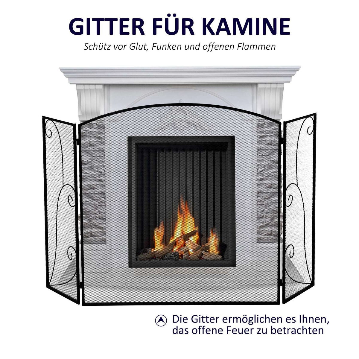 Fireplace Grille, Fireplace Protection Grille With 3 Panels, Folding Spark Protection Grille, Oven Protection Grille For Living Room, Metal, Black 132.5 X 76.5Cm