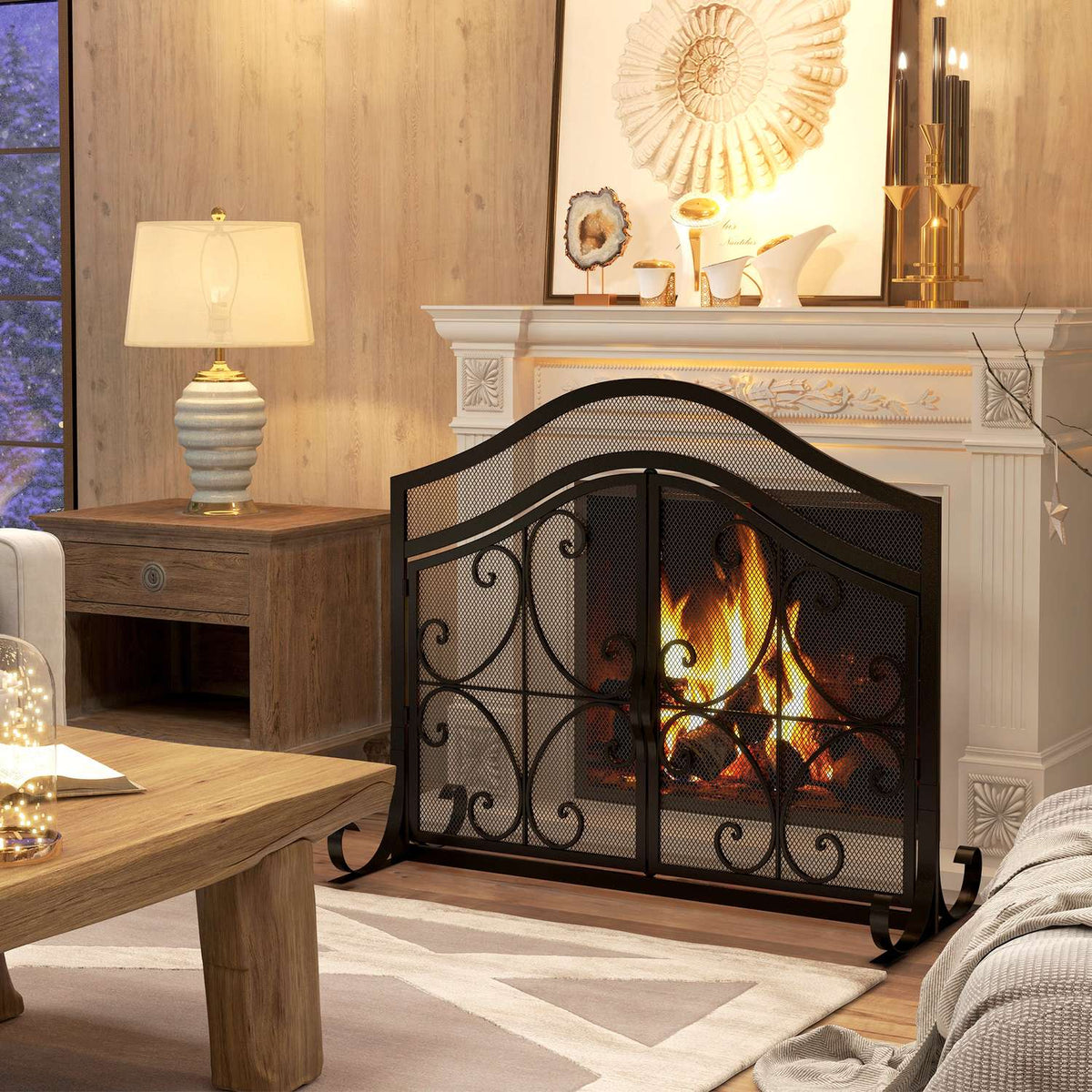 Fireplace Guard, Fireplace Gate with Magnetic Doors, Oven Guard, Spark Guard for Living Room, Steel, 105 x 80.5 cm, Black