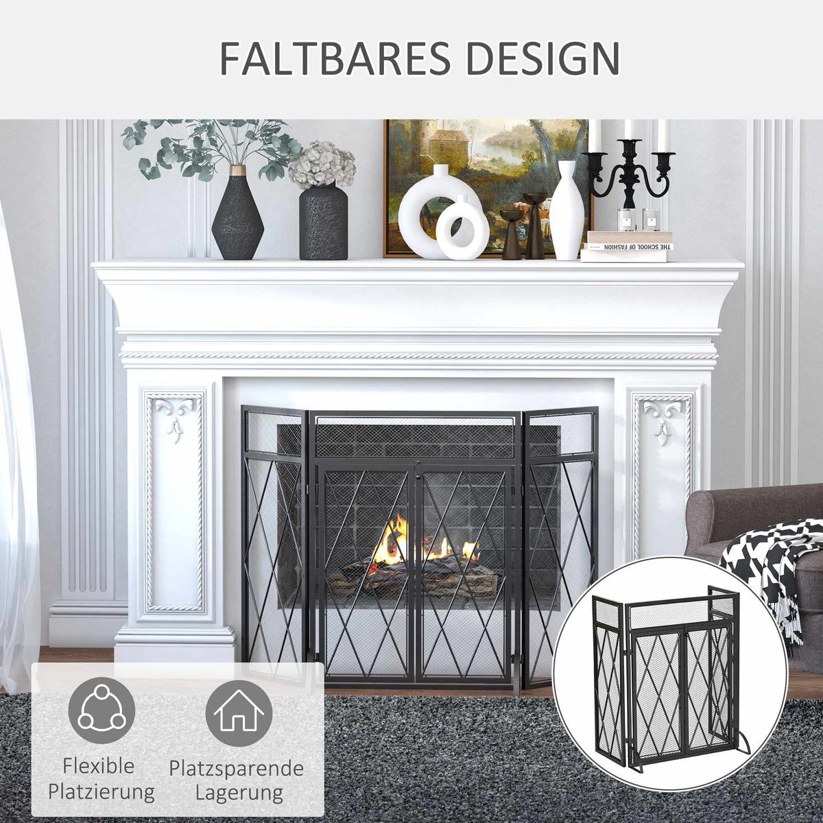 Fireplace Screen, Foldable 3-Panel, Black Metal 120x79 cm