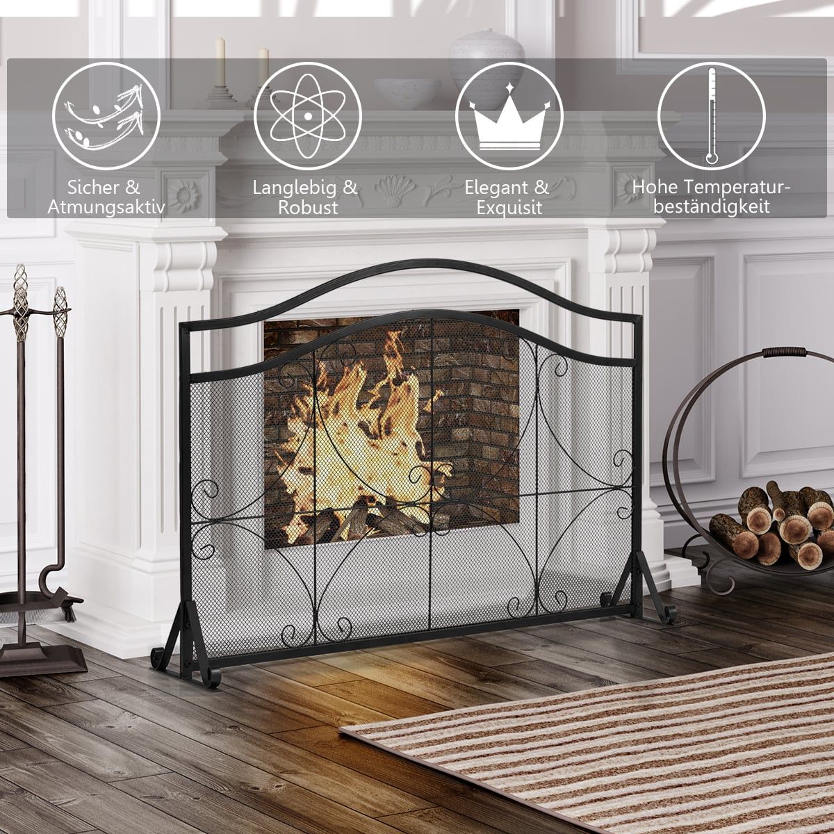 Fireplace Screen, Iron Mesh Guard, 112x32x83 cm, Black