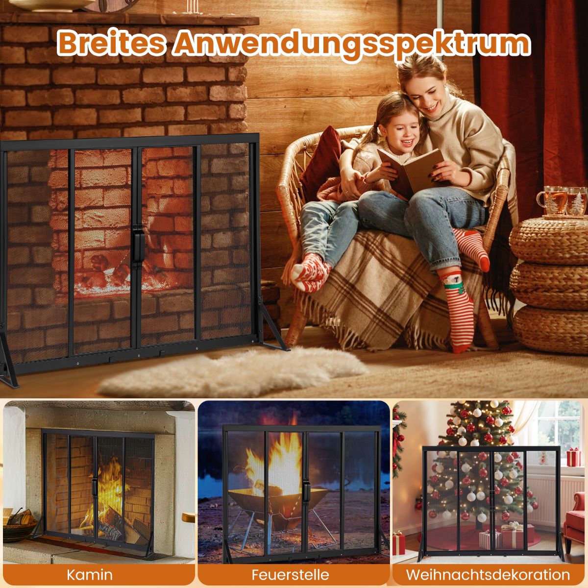Fireplace Screen with Sliding Doors, 89 x 72 cm, Metal Mesh