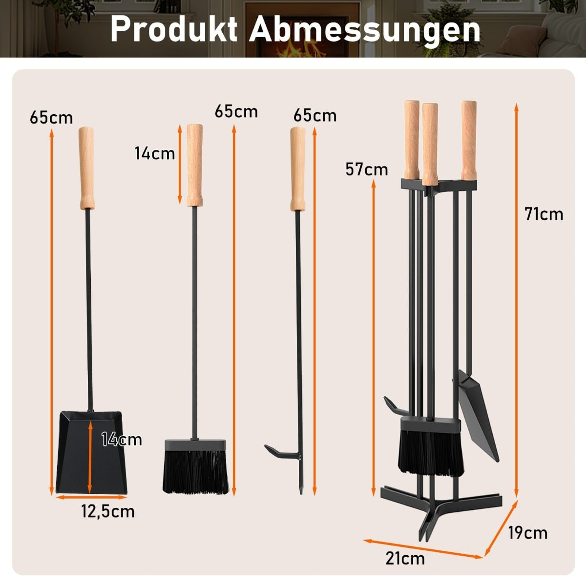 Fireplace Tool Set, 4-Piece Metal Kit with Stand