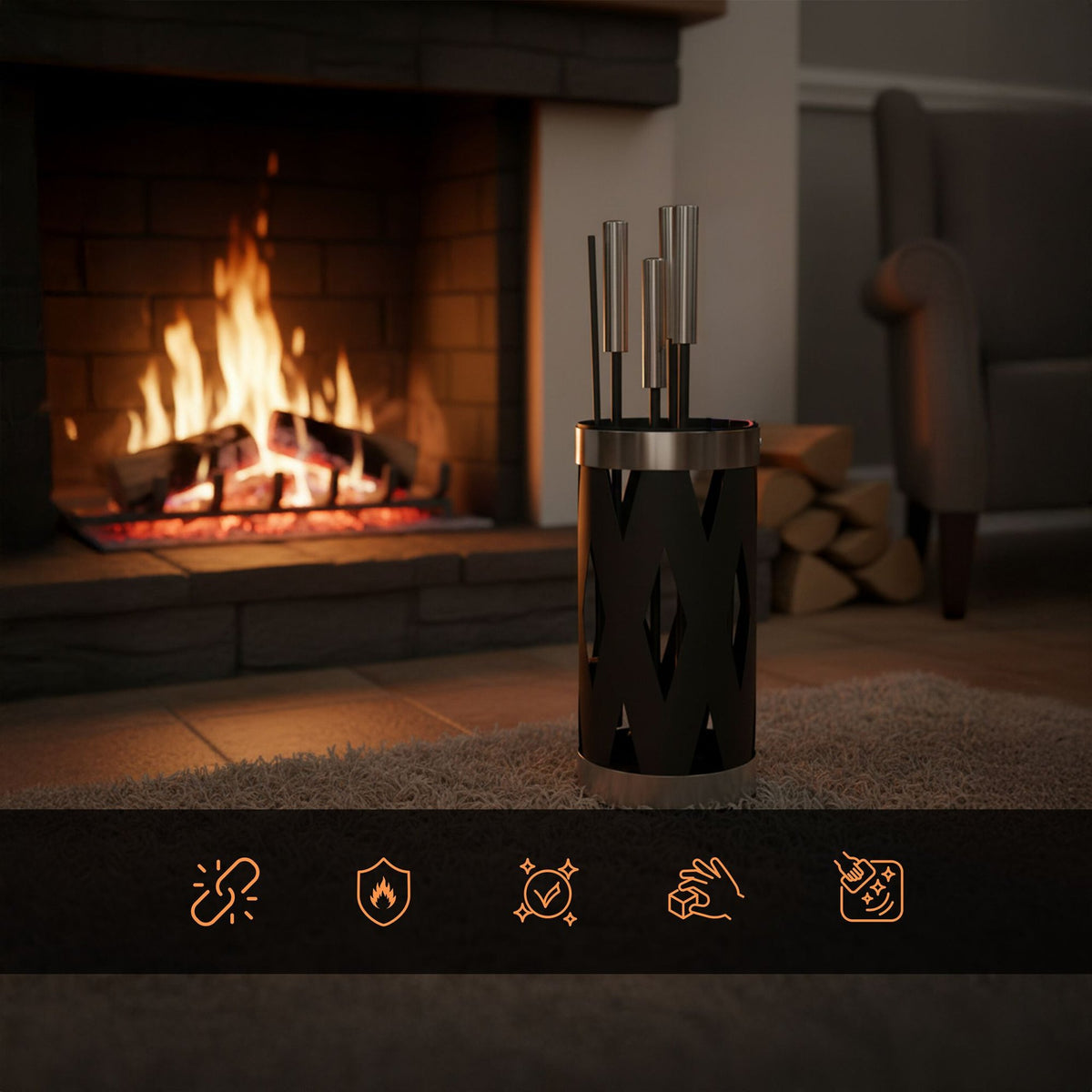 Fireplace Tool Set, 5-Piece Iron & Steel