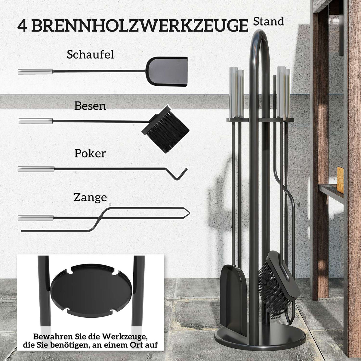 Fireplace Tool Set, 5-Piece with Stand, Brush, Shovel, Poker, Tongs