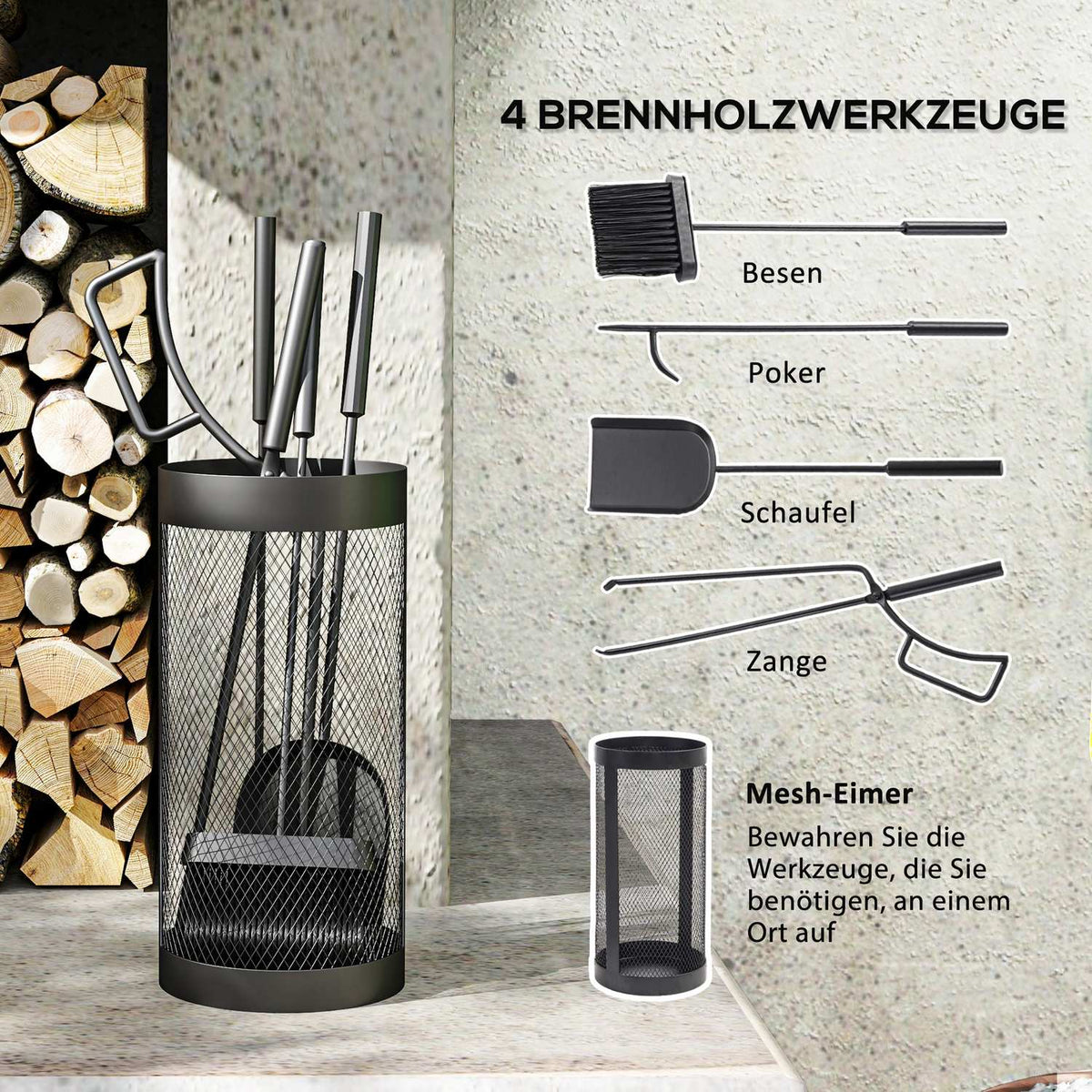 Fireplace cutlery set 5-piece fireplace accessories with broom, shovel, tongs, poker and basket, fireplace set, metal, black