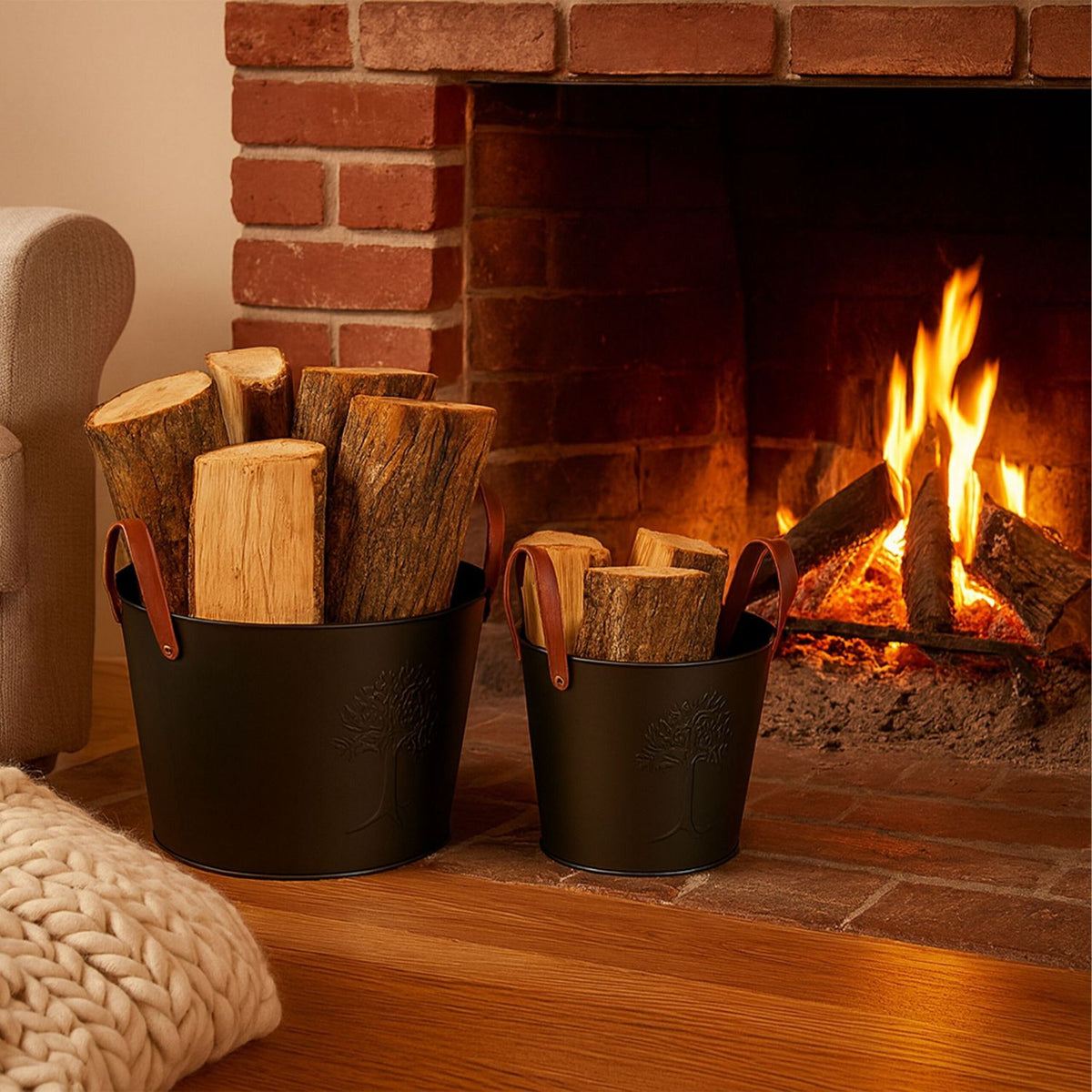 Firewood Baskets, 2 Pcs, Black Metal, Leather Handles