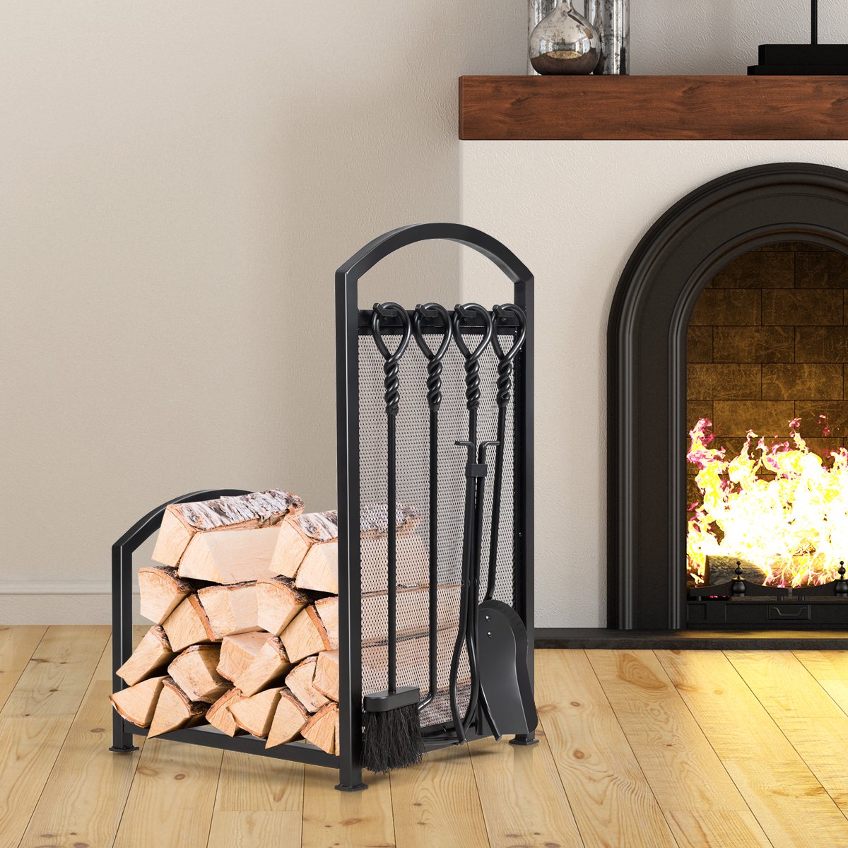 Firewood Log Rack with 4 Fireplace Tools, Steel, Black