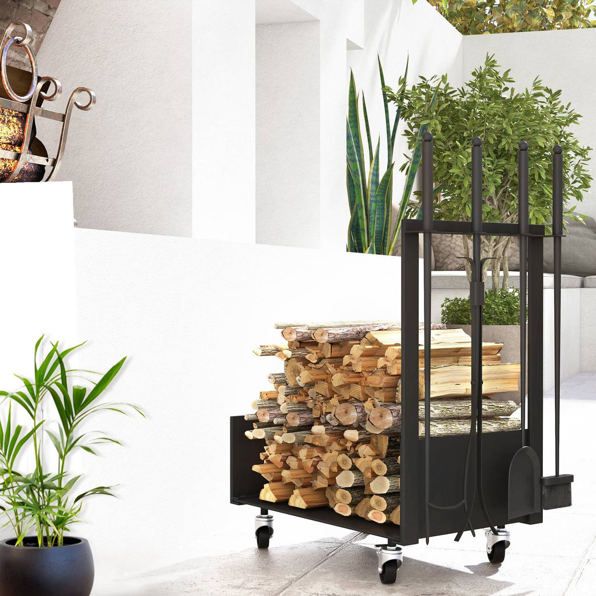 Firewood Rack 48 x 30 x 76 cm Firewood Rack with Wheels, Shovel, Broom, Poker, Tongs, Side Hooks, Firewood Rack for Outdoor, Indoor, Metal, Black