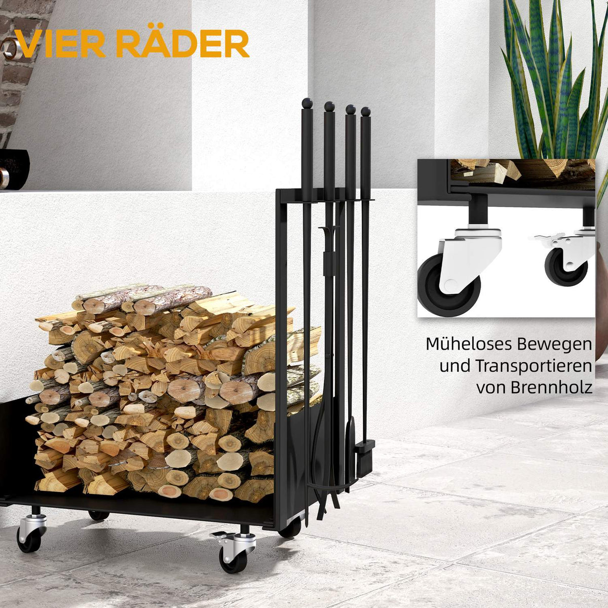 Firewood Rack 48 x 30 x 76 cm Firewood Rack with Wheels, Shovel, Broom, Poker, Tongs, Side Hooks, Firewood Rack for Outdoor, Indoor, Metal, Black