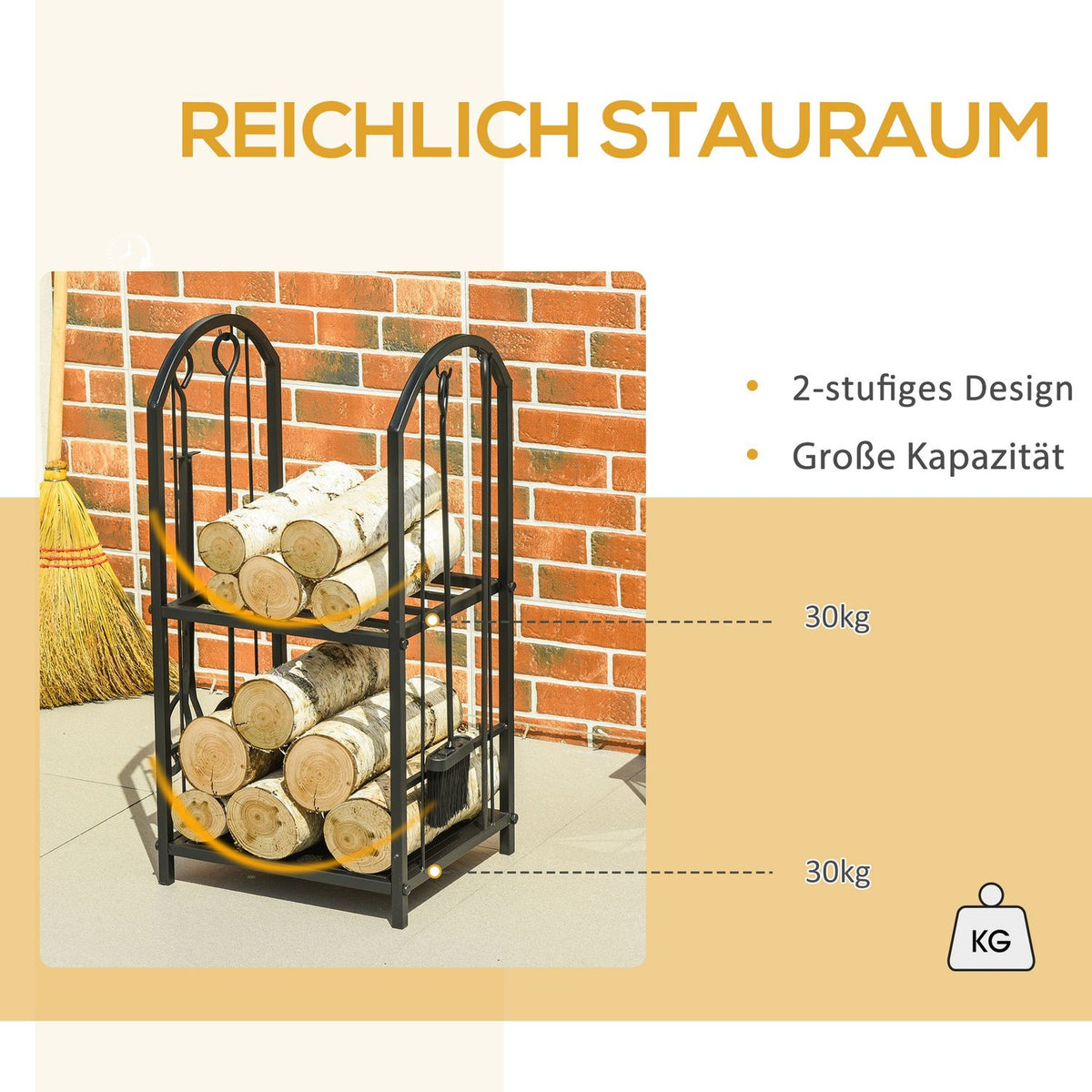 Firewood Rack Firewood Stand Firewood Rack With 4 Additional Firewood Tools Fireplace Cutlery 2-Tier Design 41.5 X 32.5 X 74.5 Cm