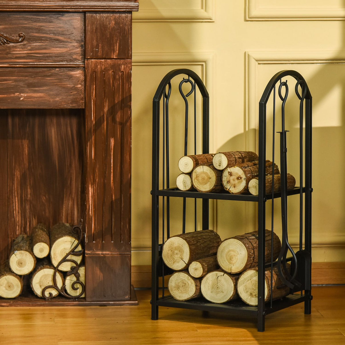 Firewood Rack Firewood Stand Firewood Rack With 4 Additional Firewood Tools Fireplace Cutlery 2-Tier Design 41.5 X 32.5 X 74.5 Cm