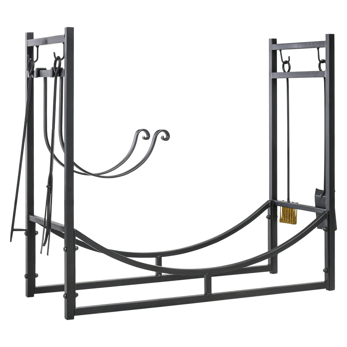 Firewood Rack Wood Stand Wood Shelf With 4 Hooks 2 Layers Metal Black 84 X 33 X 76 Cm