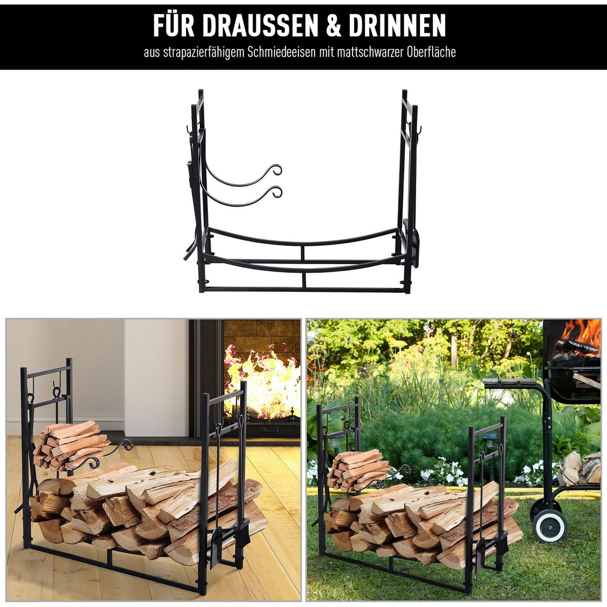 Firewood Rack Wood Stand Wood Shelf With 4 Hooks 2 Layers Metal Black 84 X 33 X 76 Cm