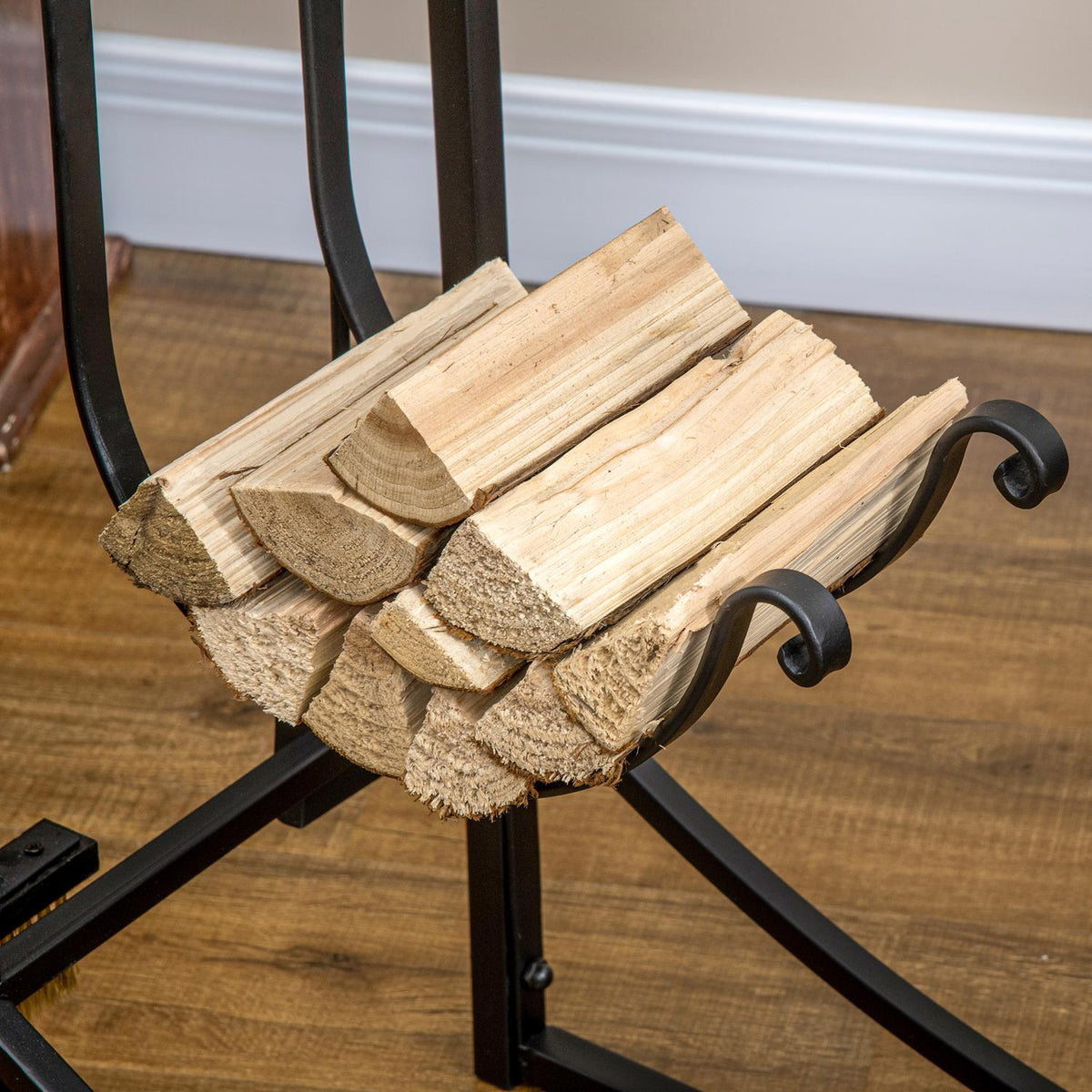 Firewood Rack Wood Stand Wood Shelf With 4 Hooks 2 Layers Metal Black 84 X 33 X 76 Cm