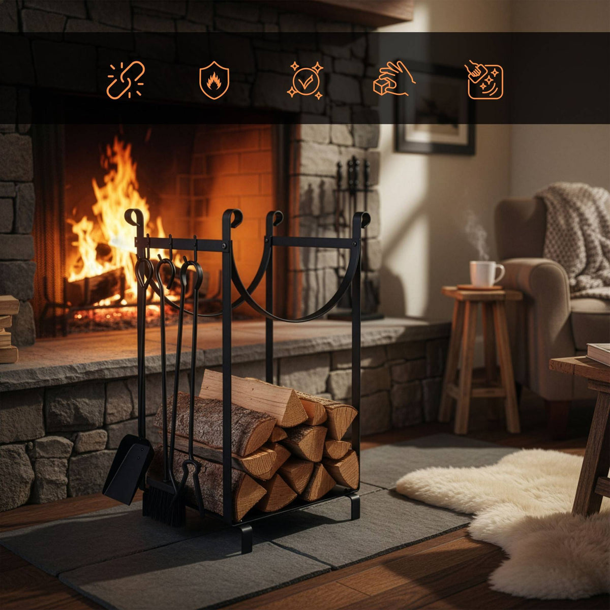 Firewood Rack with Fireplace Tools – Indoor Storage Solution