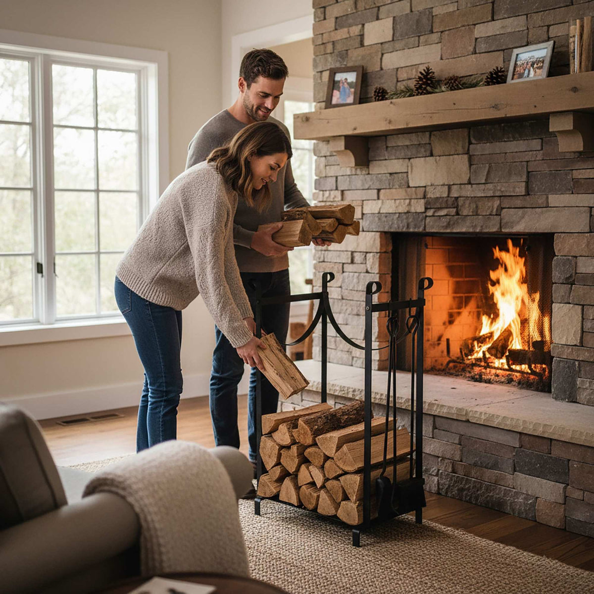 Firewood Rack with Fireplace Tools – Indoor Storage Solution