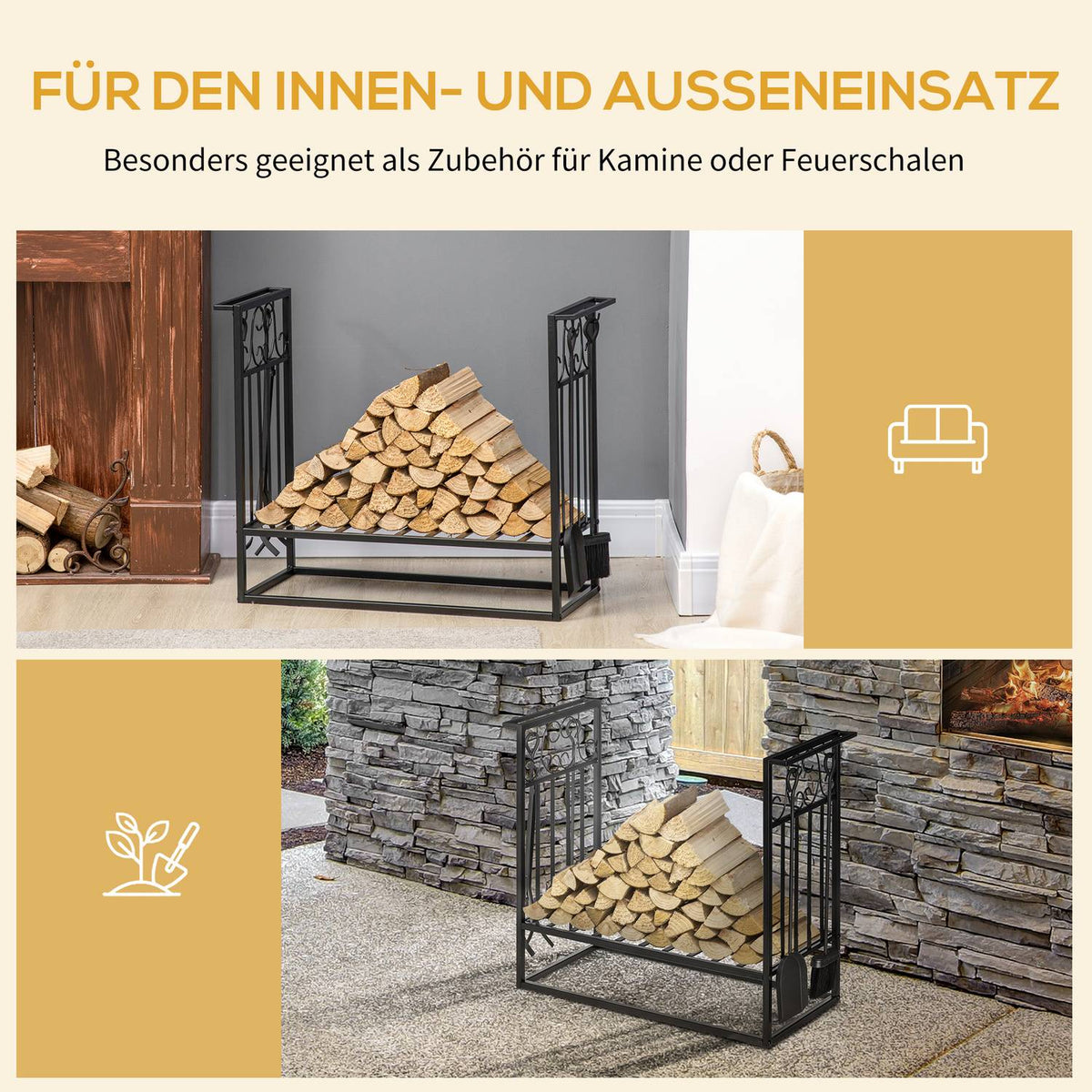 Firewood Stand With Fireplace Cutlery, Firewood Rack, Firewood Rack, Fireplace Tool, Steel Black 75 X 30 X 60 Cm