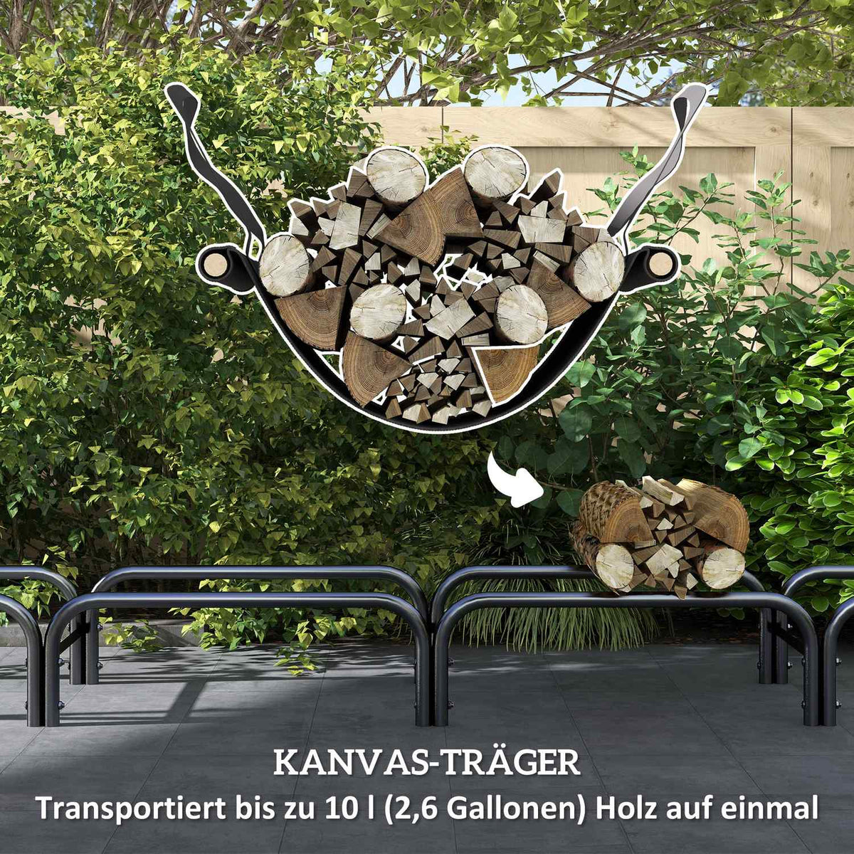 Firewood rack, 0.67 m³, with carrying bag & cover, metal frame, up to 200 kg, 240 x 36 x 99 cm, black