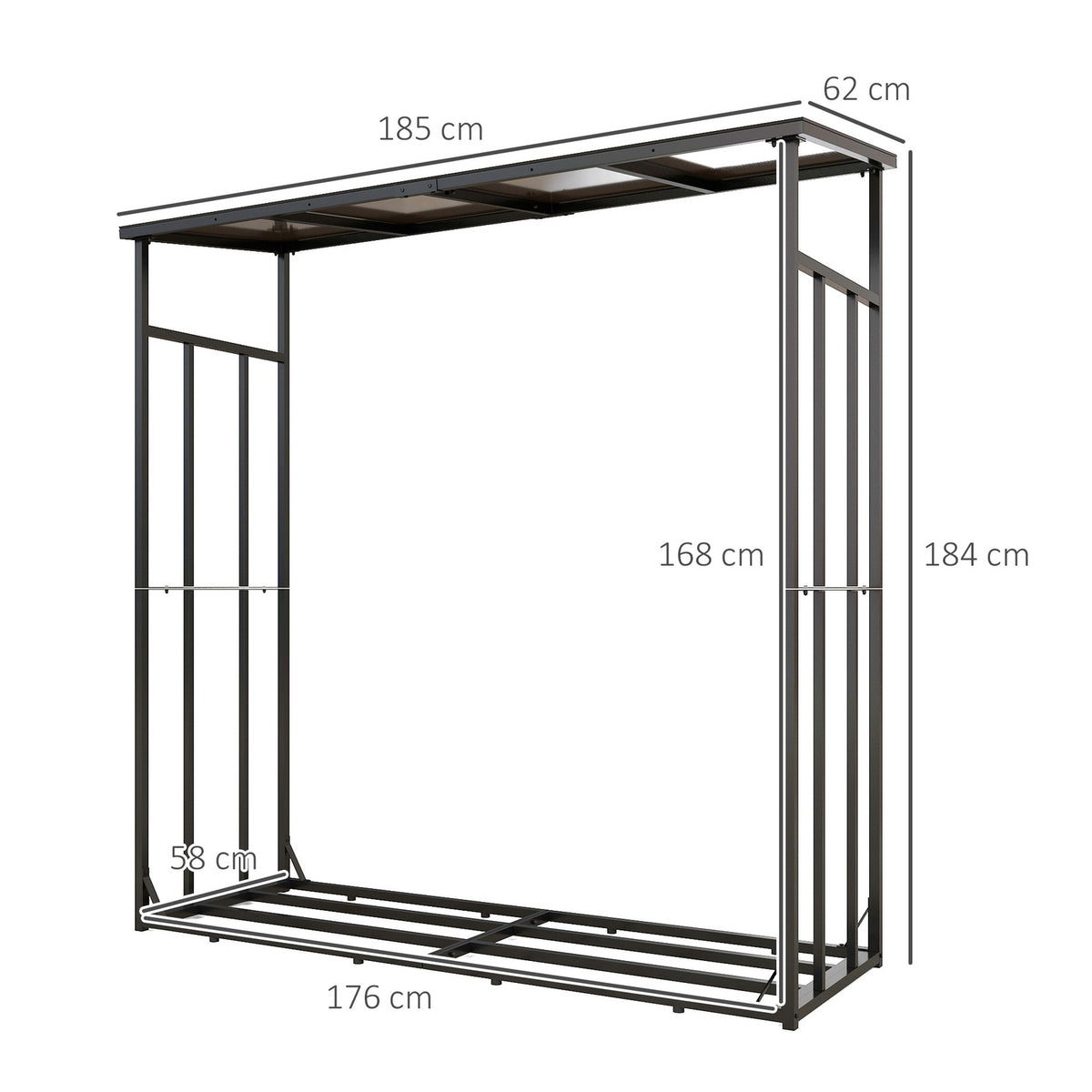 Firewood rack 185 x 62 x 184 cm firewood rack with waterproof cover, firewood rack for outdoor, indoor, up to 2000 kg, metal, black