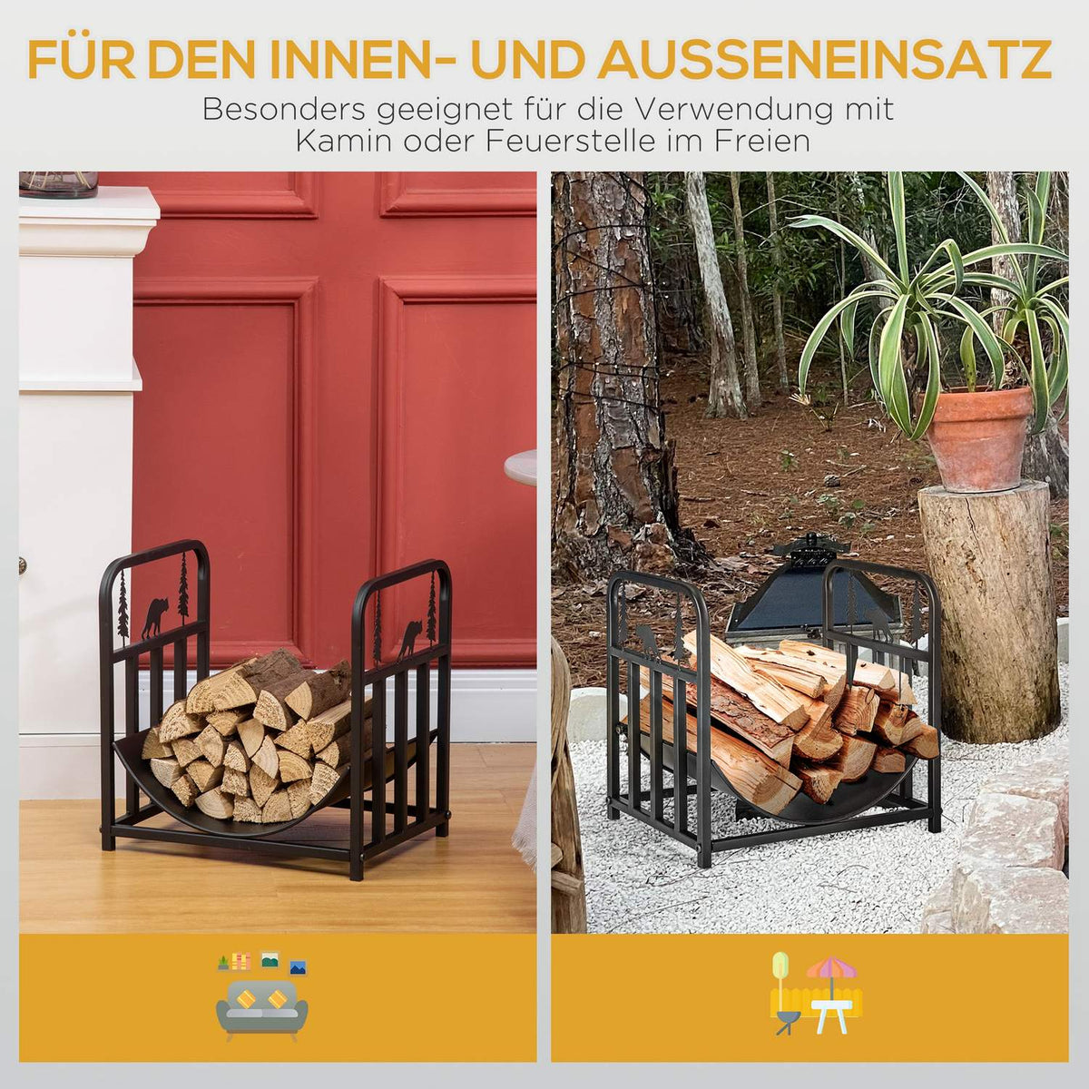 Firewood rack 42 x 33.5 x 43 cm firewood rack with handles, firewood rack for outdoor, indoor, up to 50 kg, metal, black