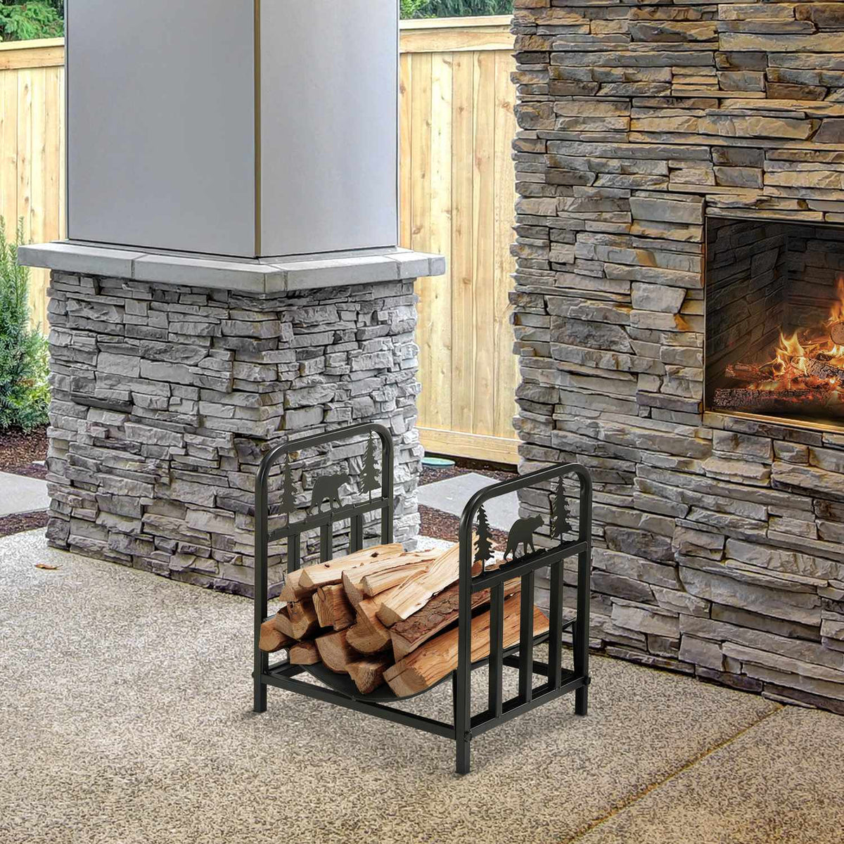 Firewood rack 42 x 33.5 x 43 cm firewood rack with handles, firewood rack for outdoor, indoor, up to 50 kg, metal, black