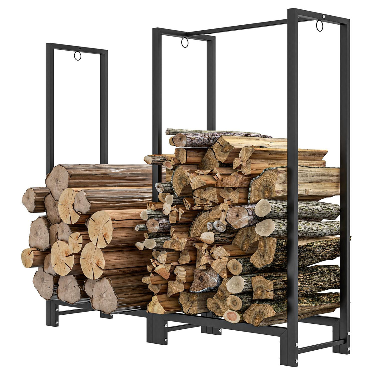 Firewood rack, two sections, stainless steel frame, up to 200 kg, 123 x 32 x 115 cm, black