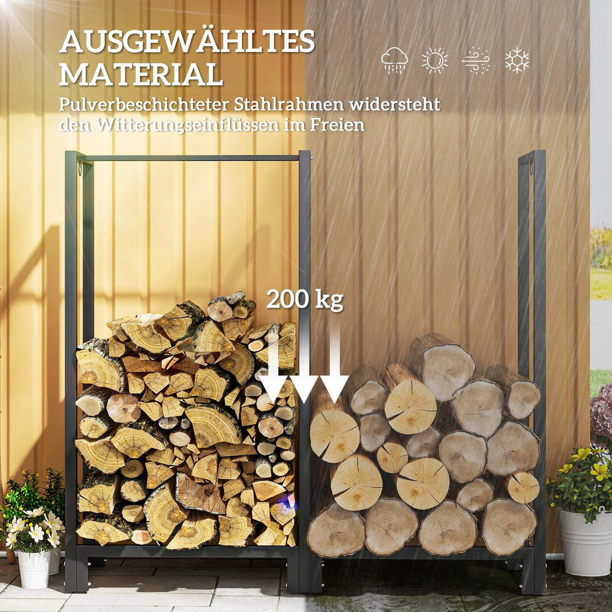 Firewood rack, two sections, stainless steel frame, up to 200 kg, 123 x 32 x 115 cm, black