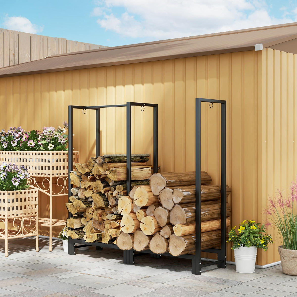 Firewood rack, two sections, stainless steel frame, up to 200 kg, 123 x 32 x 115 cm, black