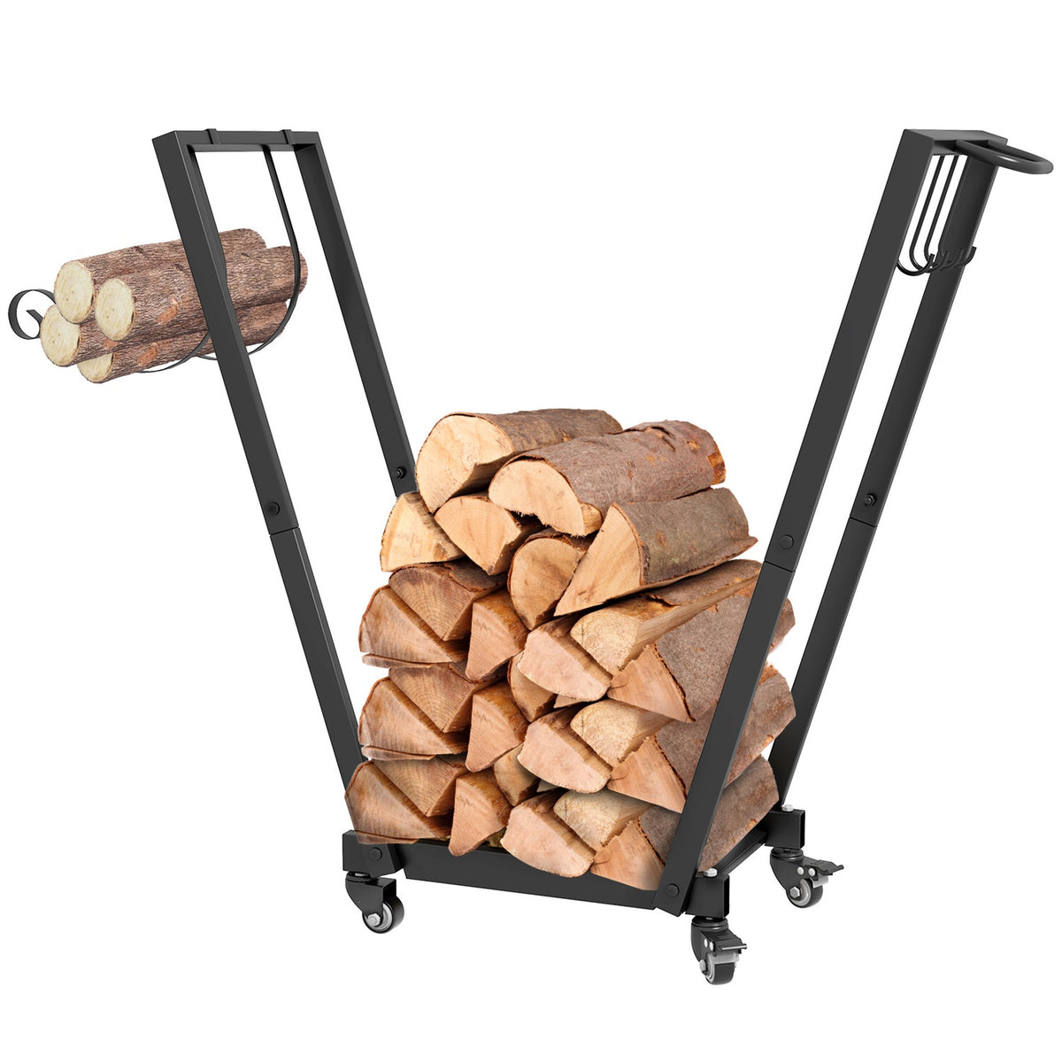 Firewood rack with wheels 79 x 30 x 81 cm, firewood rack for garden and patio, black metal, including kindling and tool hooks