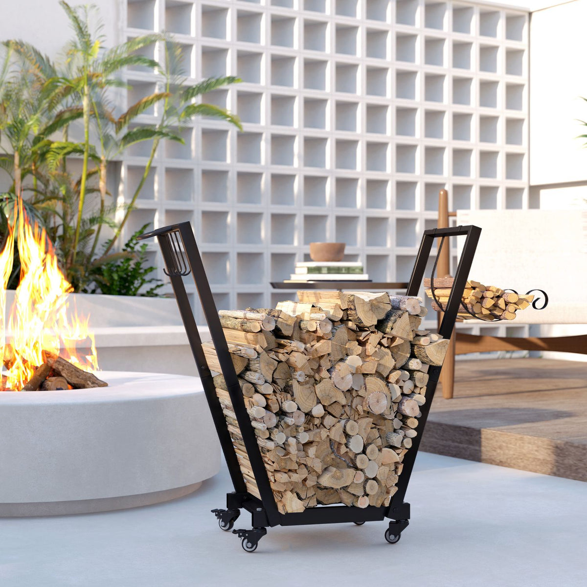 Firewood rack with wheels 79 x 30 x 81 cm, firewood rack for garden and patio, black metal, including kindling and tool hooks