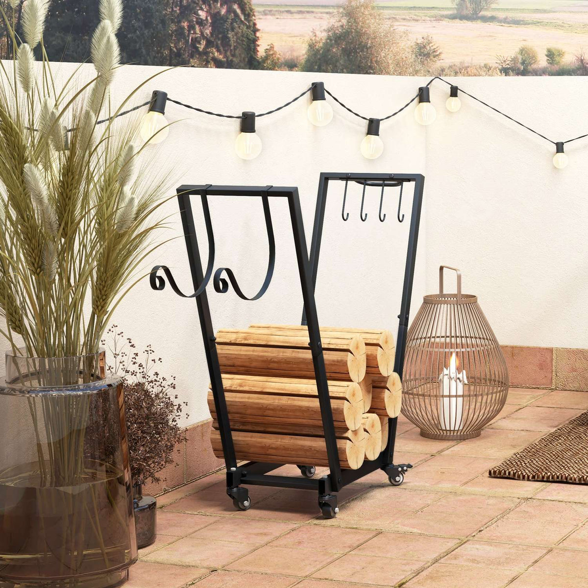 Firewood rack with wheels 79 x 30 x 81 cm, firewood rack for garden and patio, black metal, including kindling and tool hooks