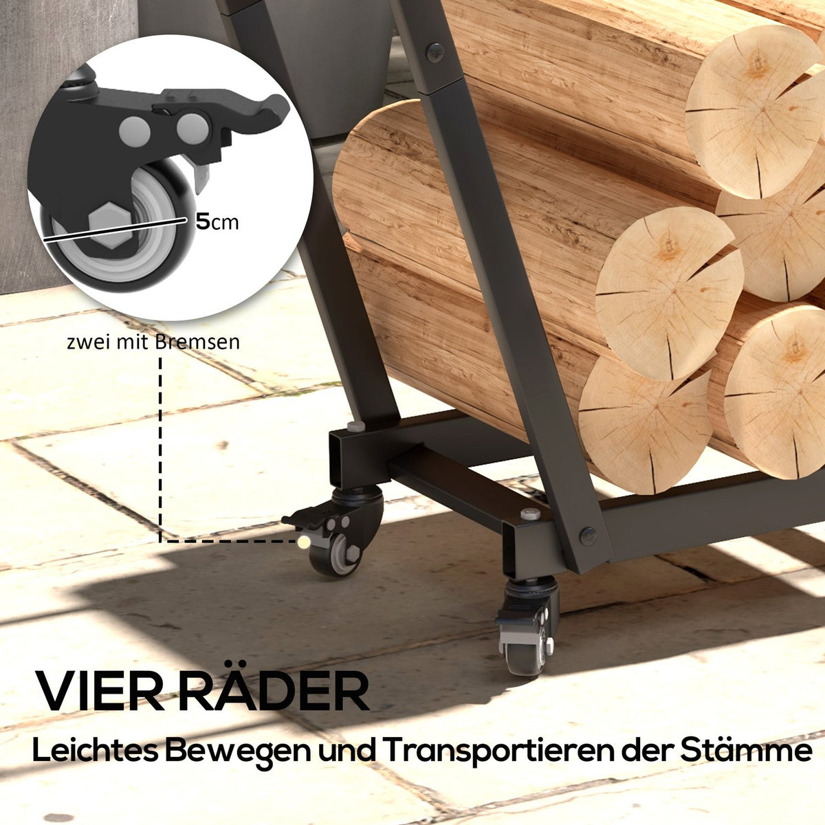 Firewood rack with wheels 79 x 30 x 81 cm, firewood rack for garden and patio, black metal, including kindling and tool hooks