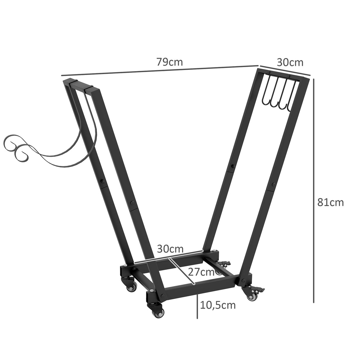 Firewood rack with wheels 79 x 30 x 81 cm, firewood rack for garden and patio, black metal, including kindling and tool hooks