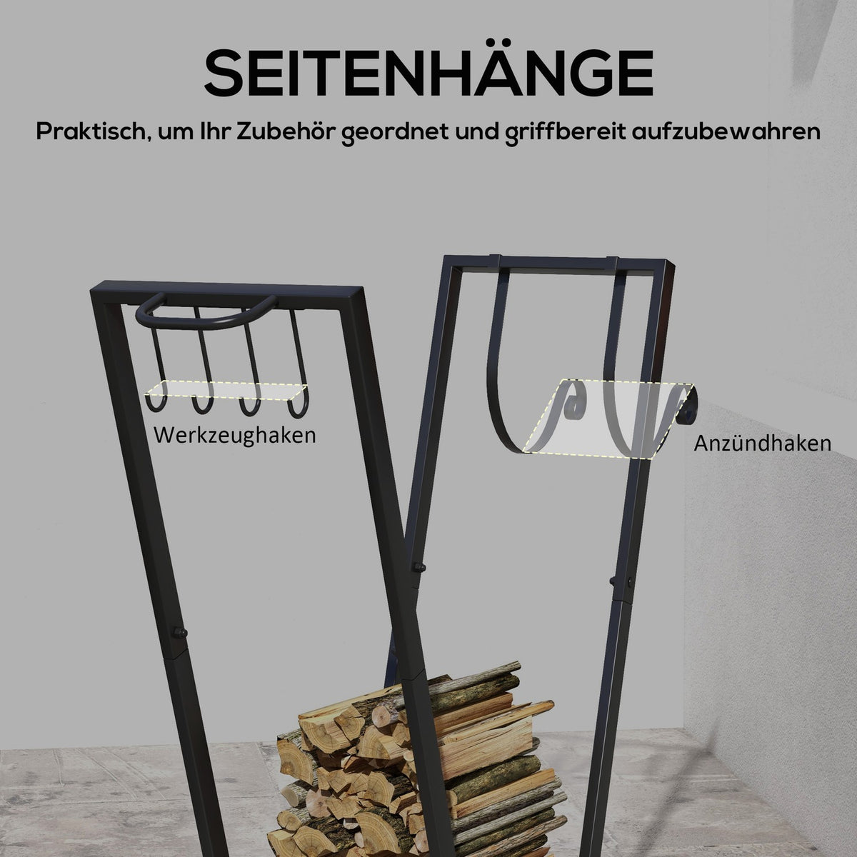 Firewood rack with wheels 79 x 30 x 81 cm, firewood rack for garden and patio, black metal, including kindling and tool hooks
