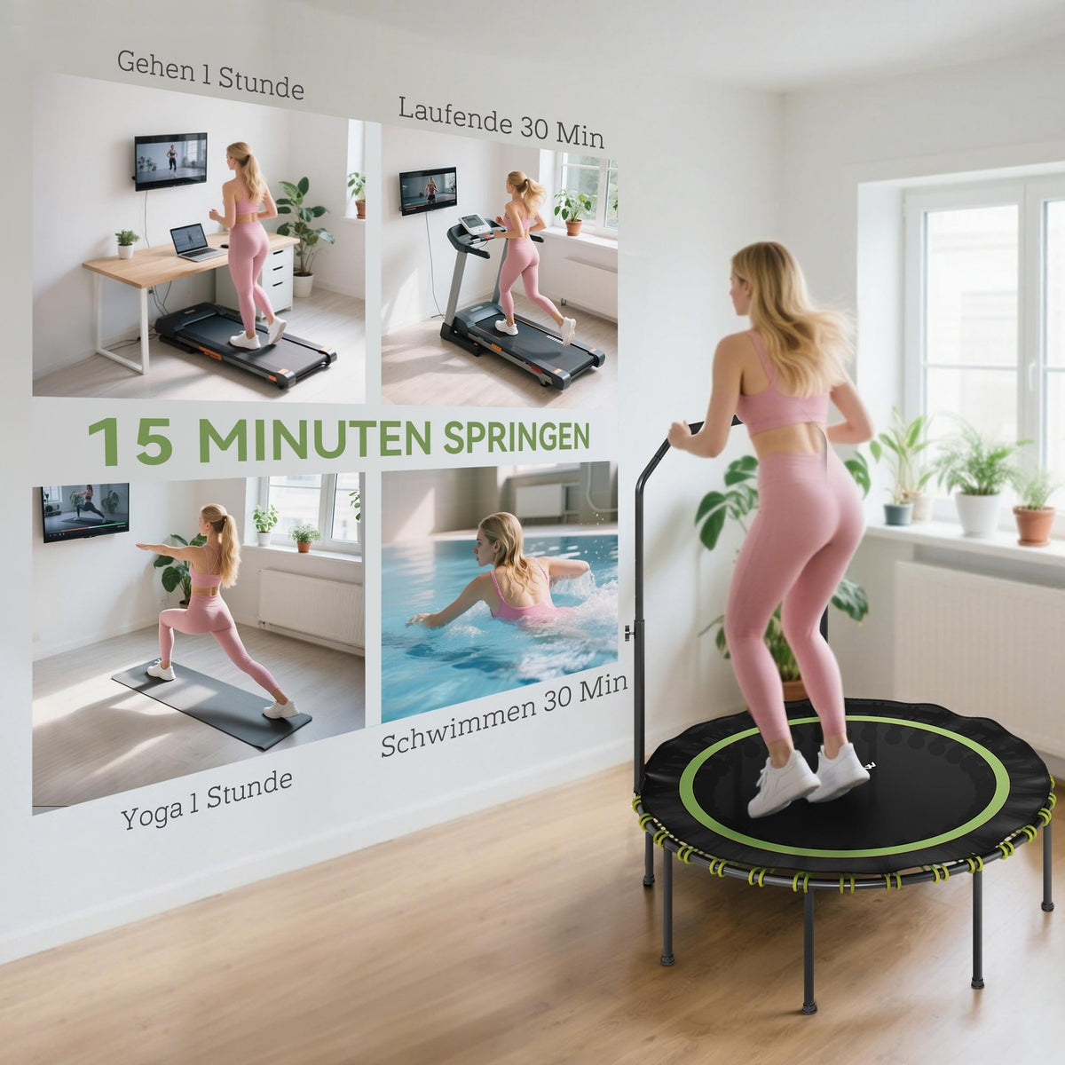 Fitness Trampoline with Adjustable Handle, Indoor/Outdoor, Green