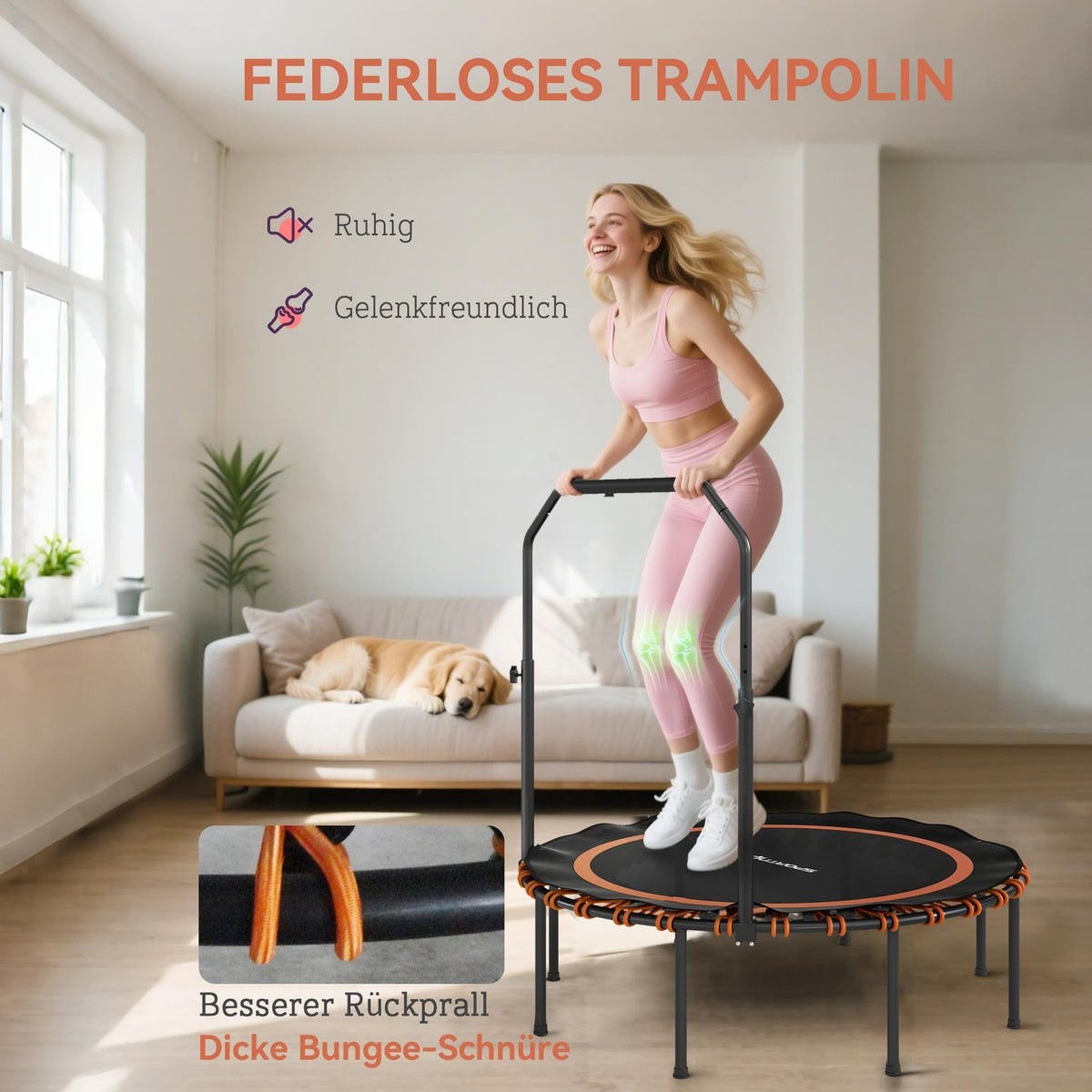 Fitness Trampoline with Adjustable Handle, Indoor/Outdoor, Orange