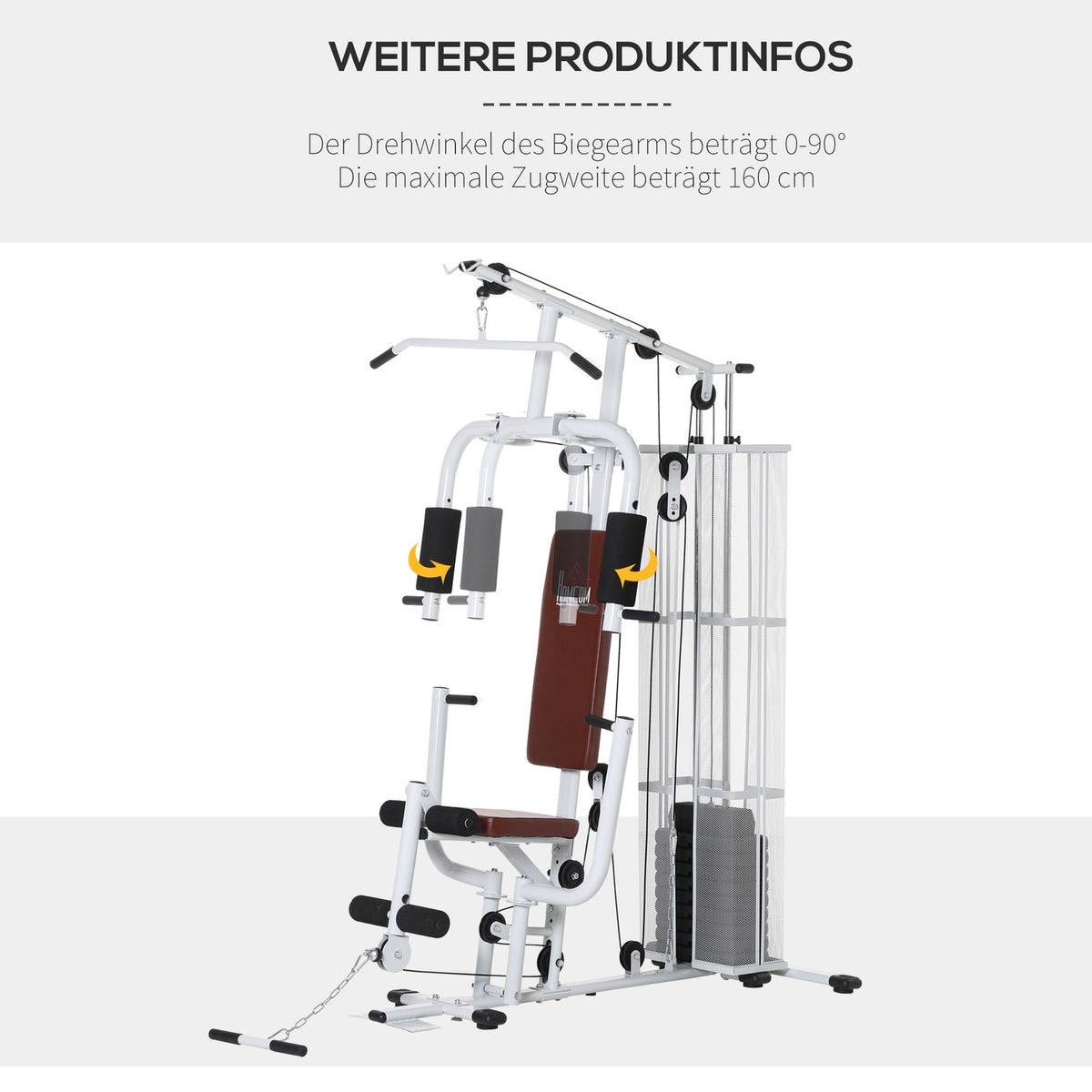 Fitness station for home, total 45kg, with press arm, leg developer, roller pads, PU synthetic leather, 150 x 110 x 210 cm, white